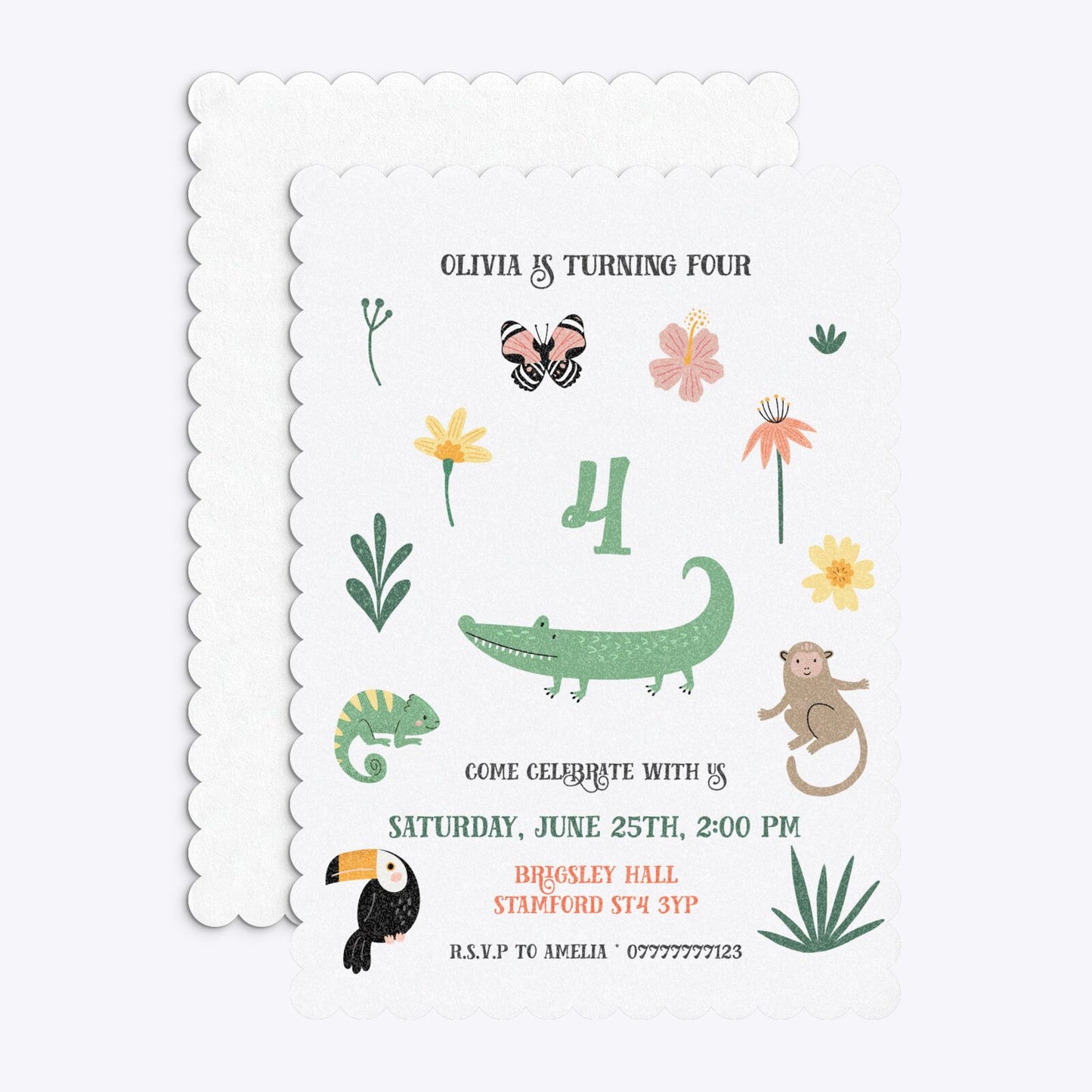 Animals Personalised Happy Birthday Scalloped Invitation Glitter Front and Back Image