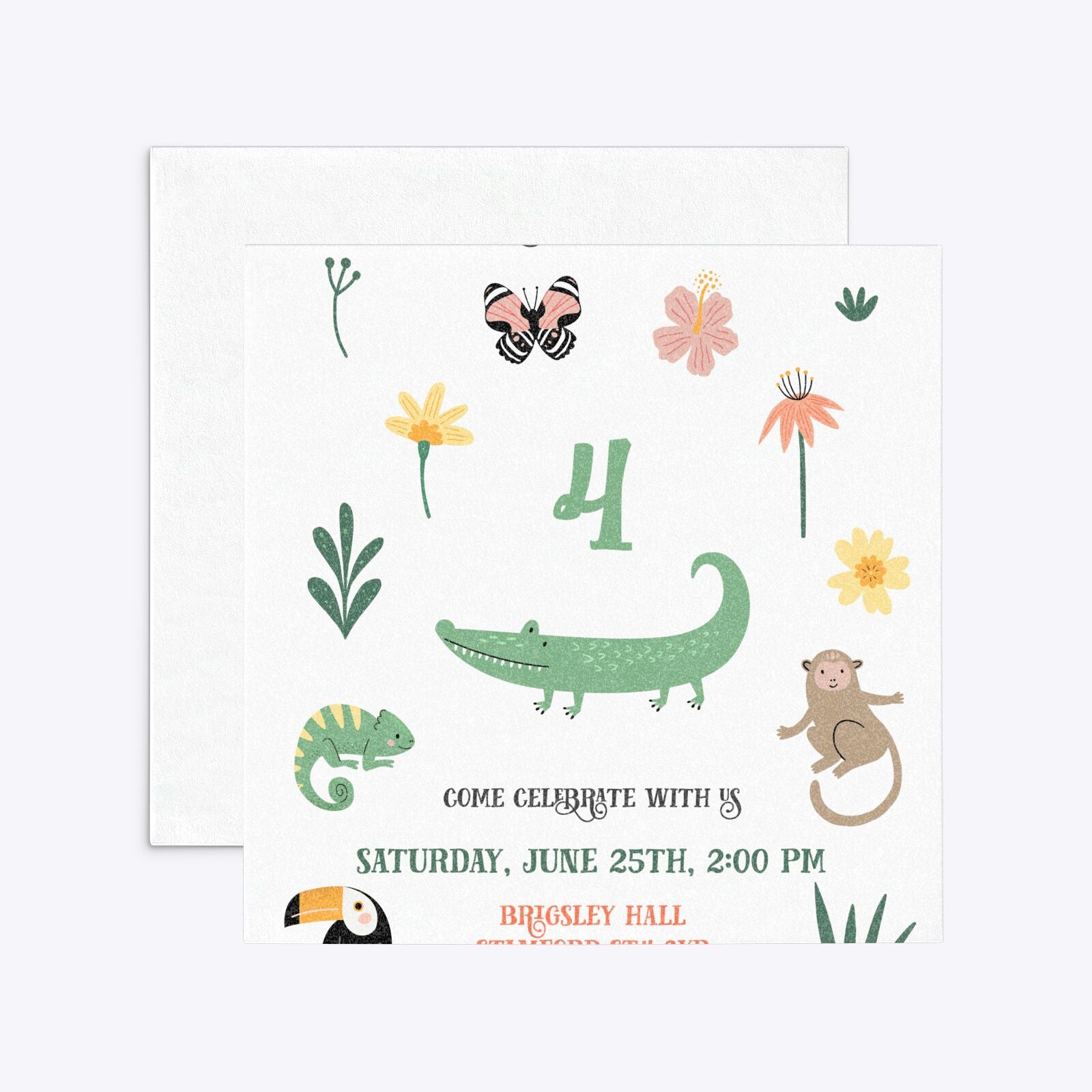 Animals Personalised Happy Birthday Square 5 25x5 25 Invitation Glitter Front and Back Image