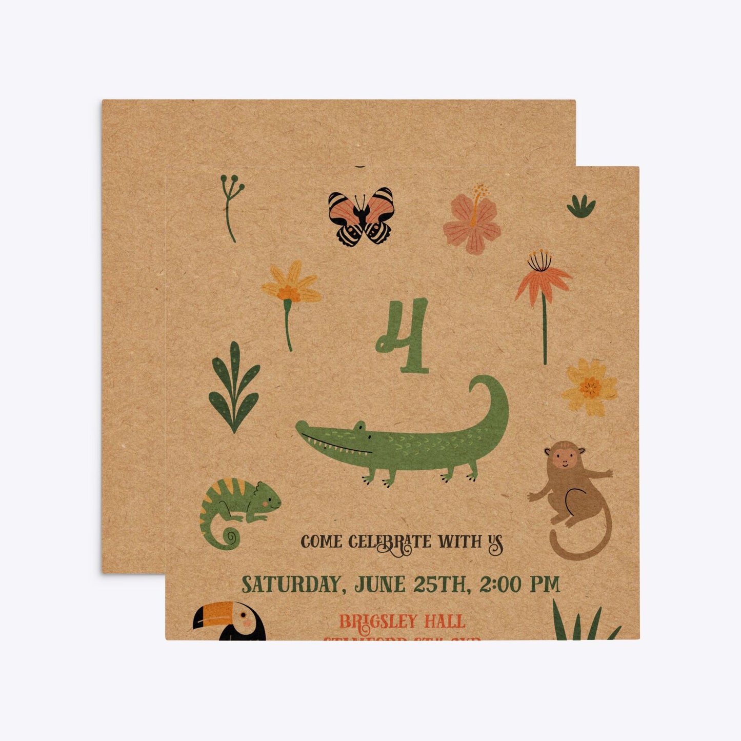 Animals Personalised Happy Birthday Square 5 25x5 25 Invitation Kraft Front and Back Image