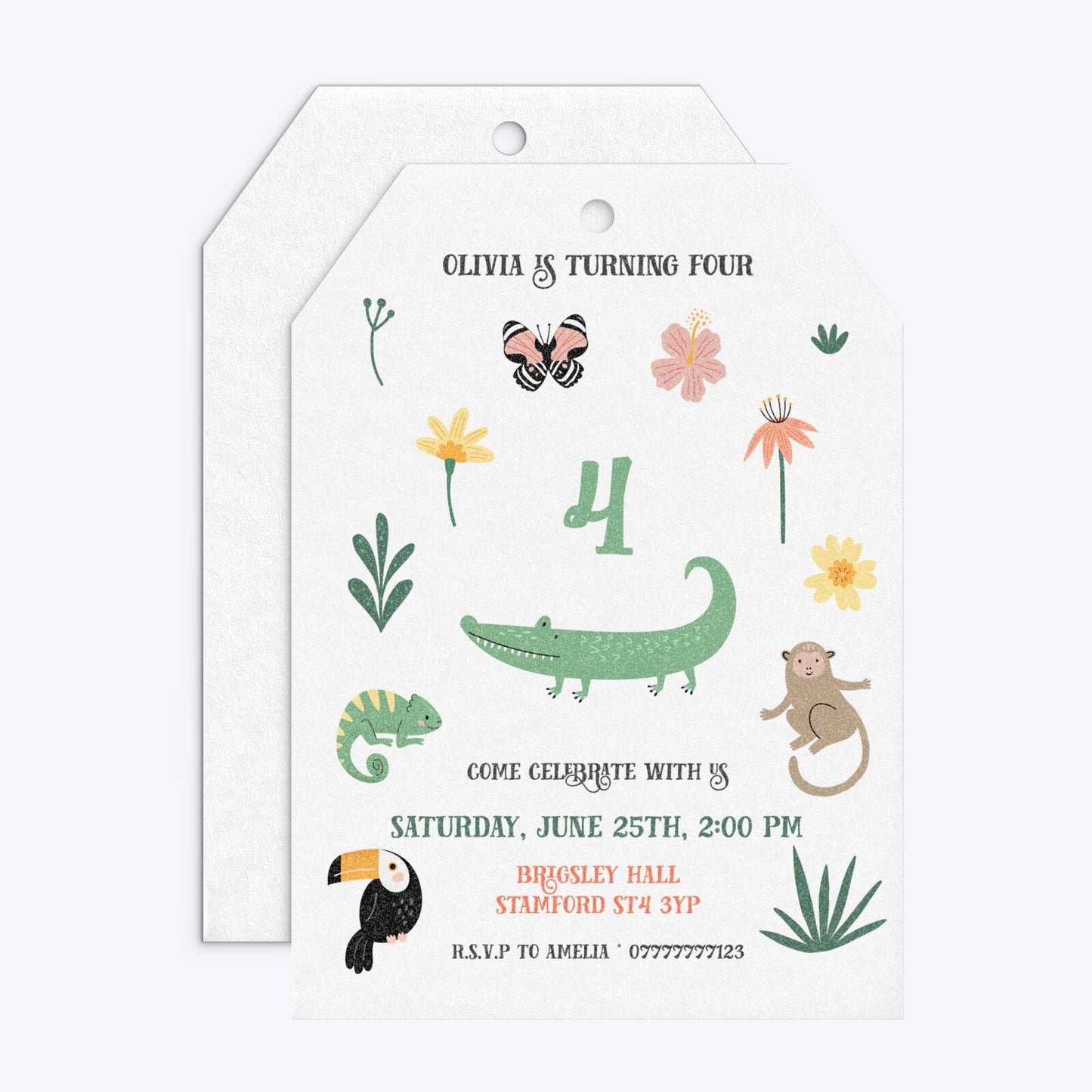 Animals Personalised Happy Birthday Tag Invitation Glitter Front and Back Image