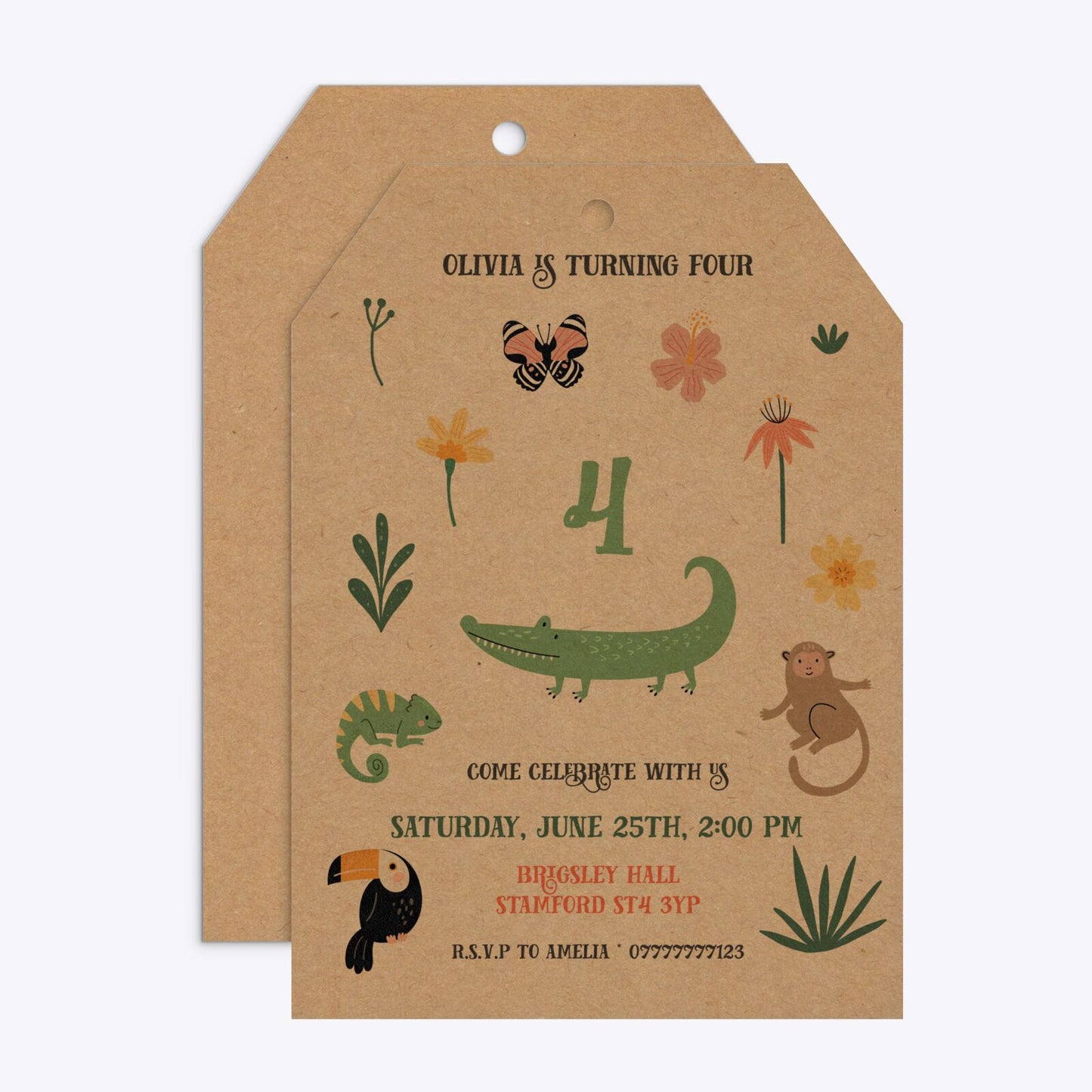 Animals Personalised Happy Birthday Tag Invitation Kraft Front and Back Image