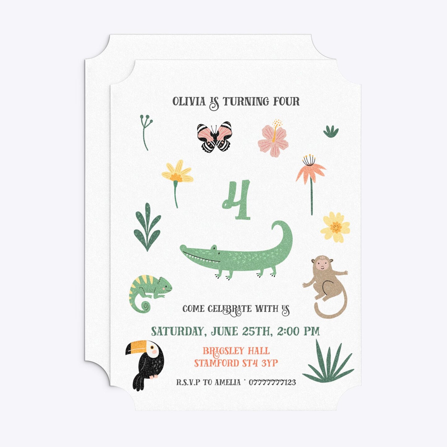 Animals Personalised Happy Birthday Ticket Invitation Glitter Front and Back Image