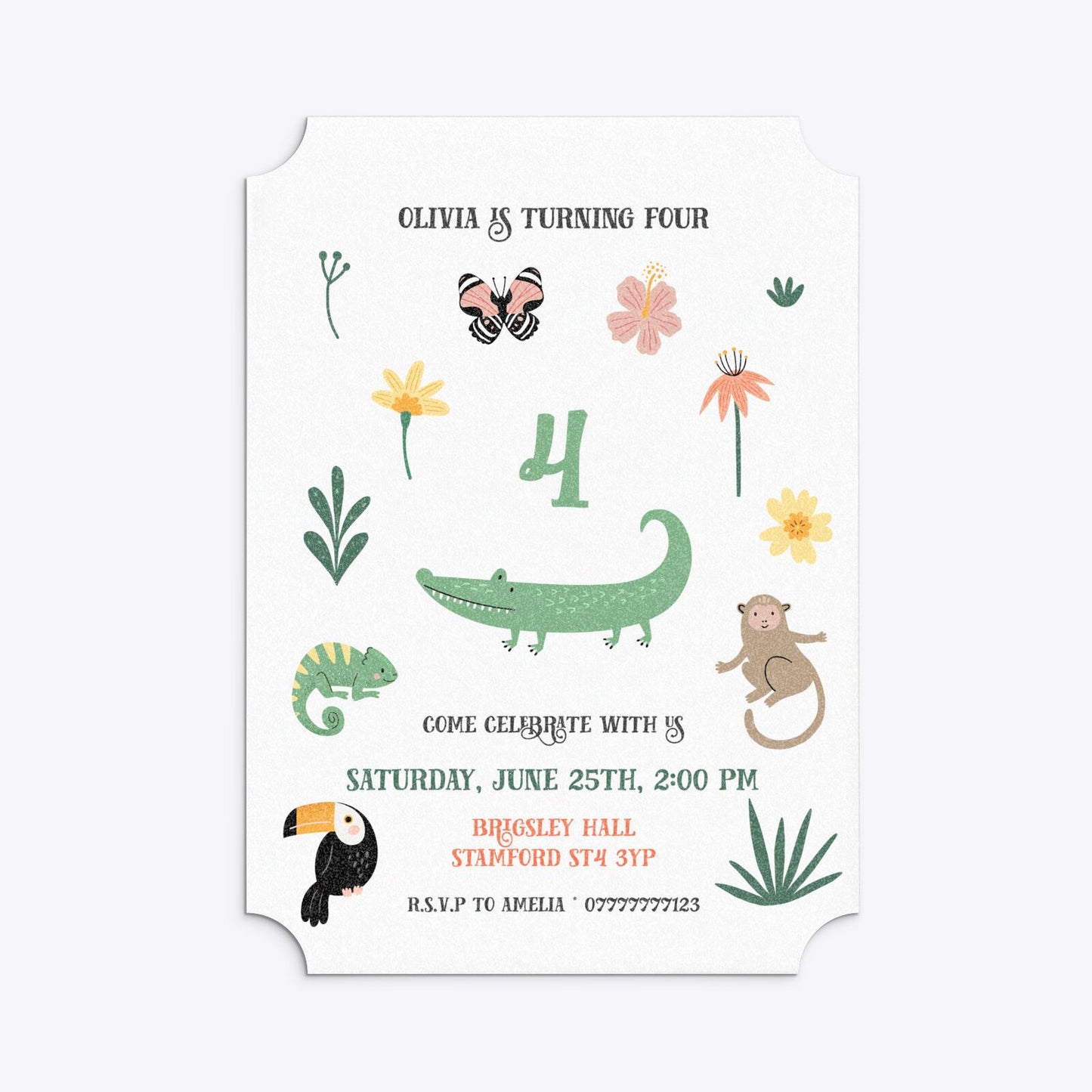 Animals Personalised Happy Birthday Ticket Invitation Glitter
