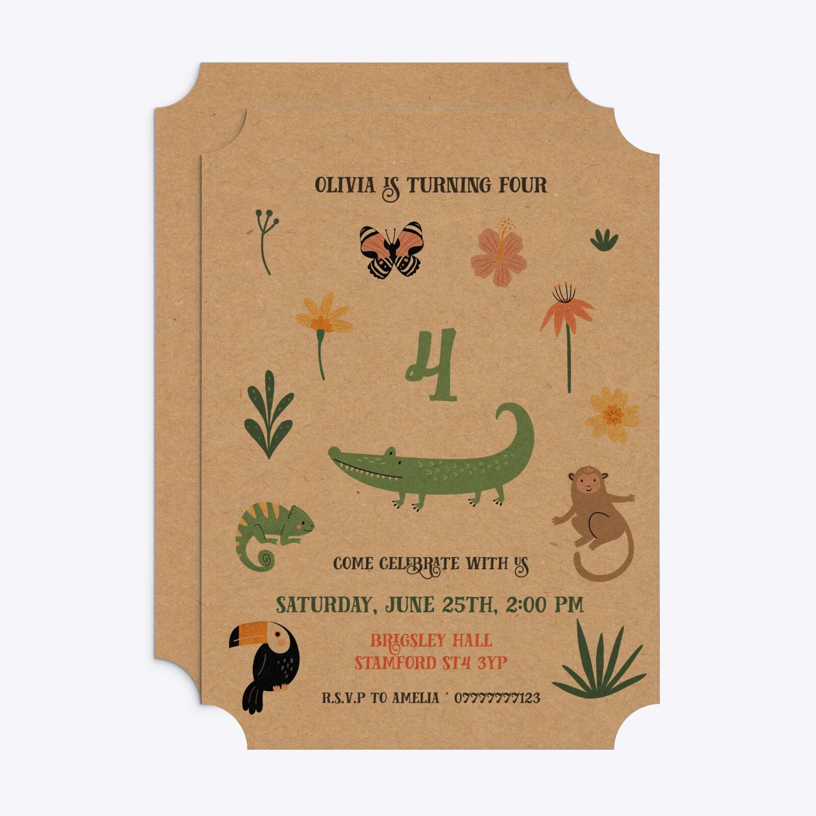 Animals Personalised Happy Birthday Ticket Invitation Kraft Front and Back Image