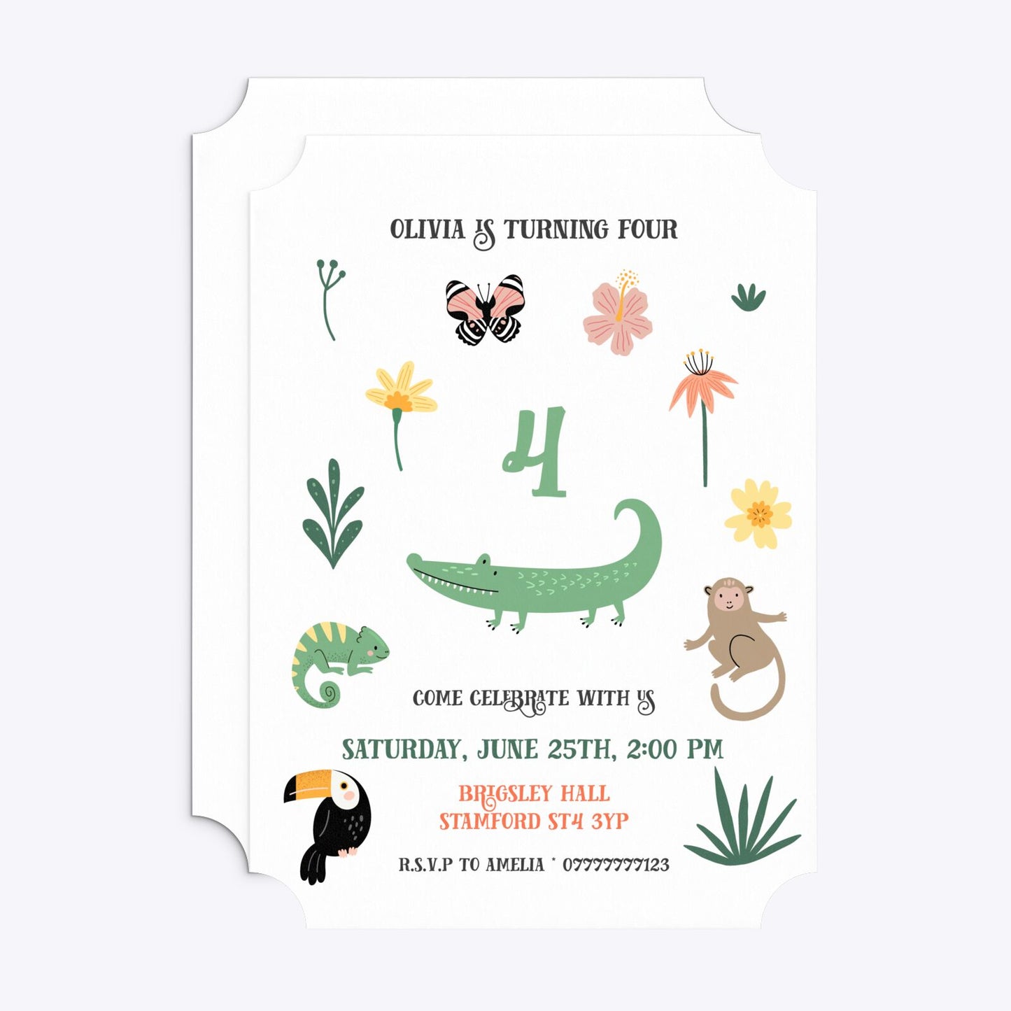 Animals Personalised Happy Birthday Ticket Invitation Matte Paper Front and Back Image