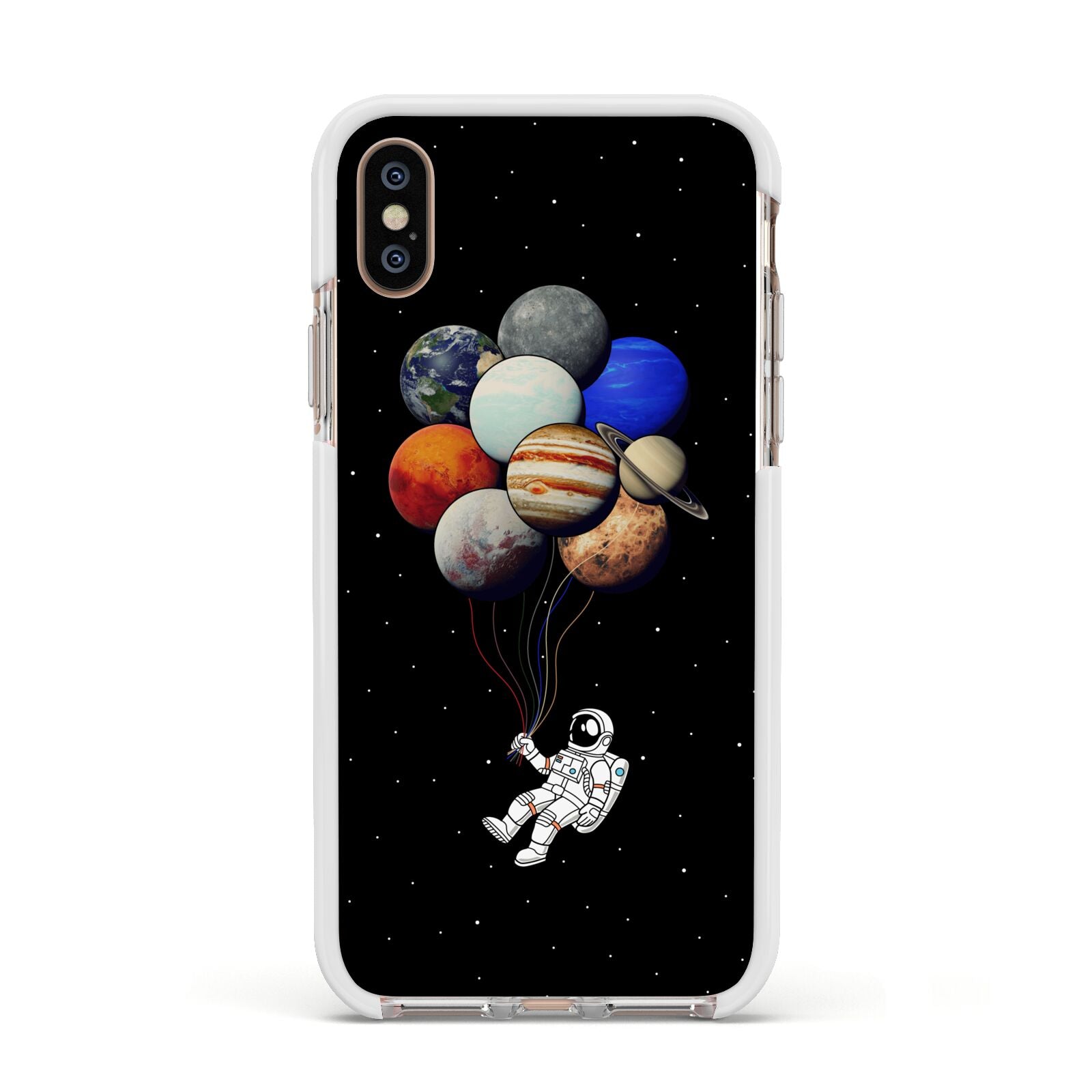 Astronaut Planet Balloons Apple iPhone Xs Impact Case White Edge on Gold Phone