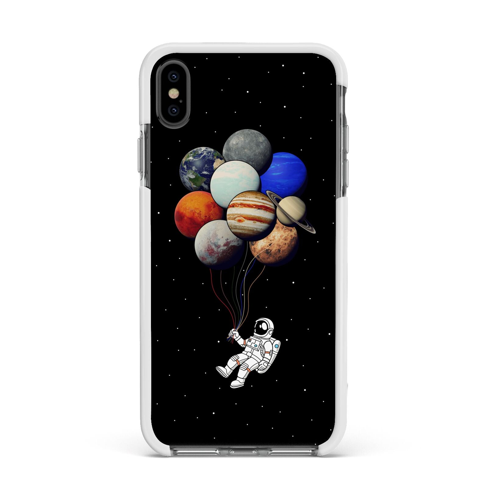 Astronaut Planet Balloons Apple iPhone Xs Max Impact Case White Edge on Black Phone