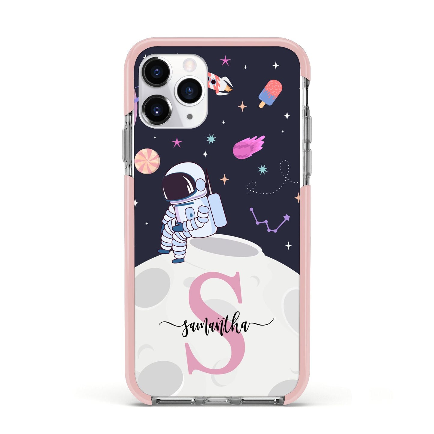 Astronaut in Candy Space with Name Apple iPhone 11 Pro in Silver with Pink Impact Case