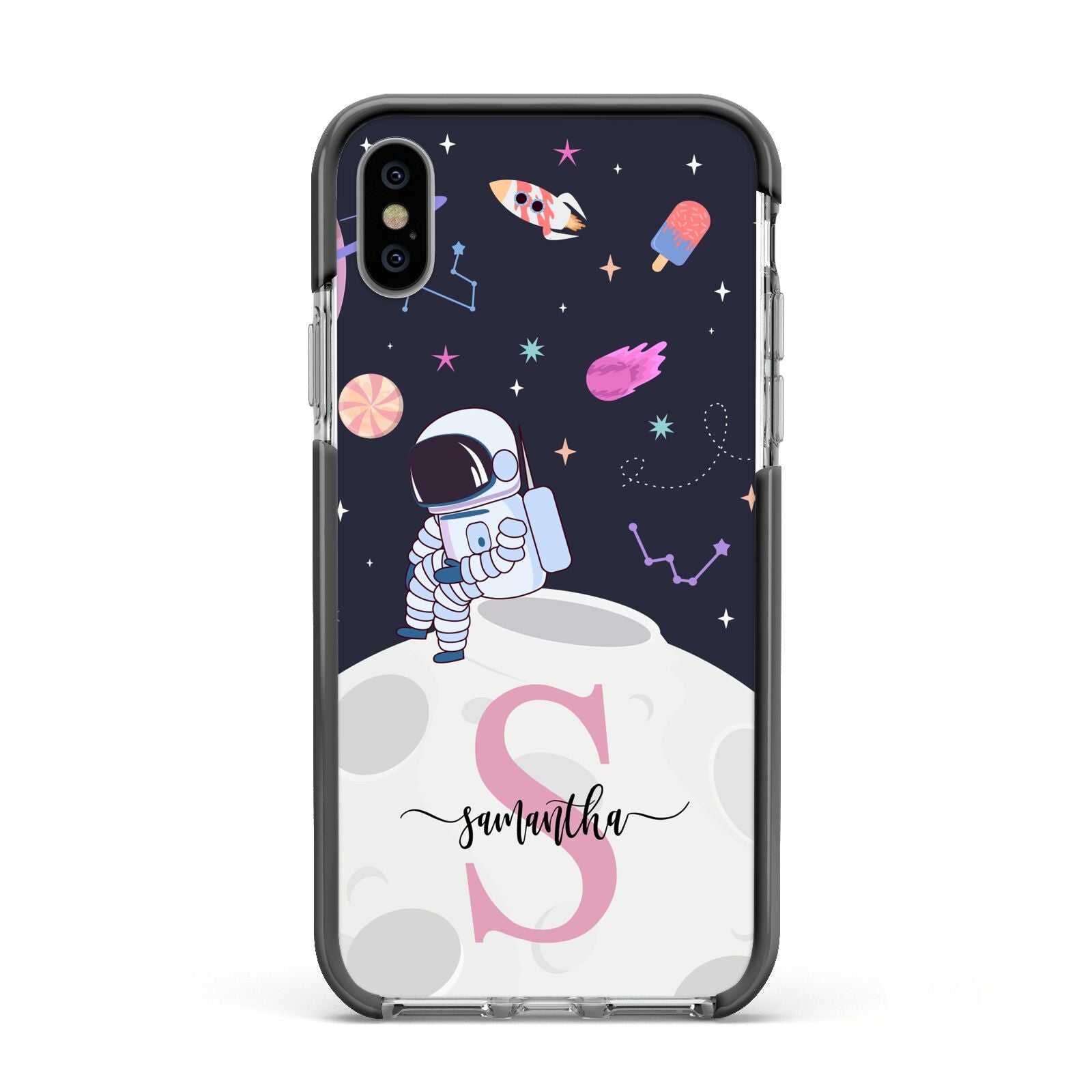 Astronaut in Candy Space with Name Apple iPhone Xs Impact Case Black Edge on Silver Phone