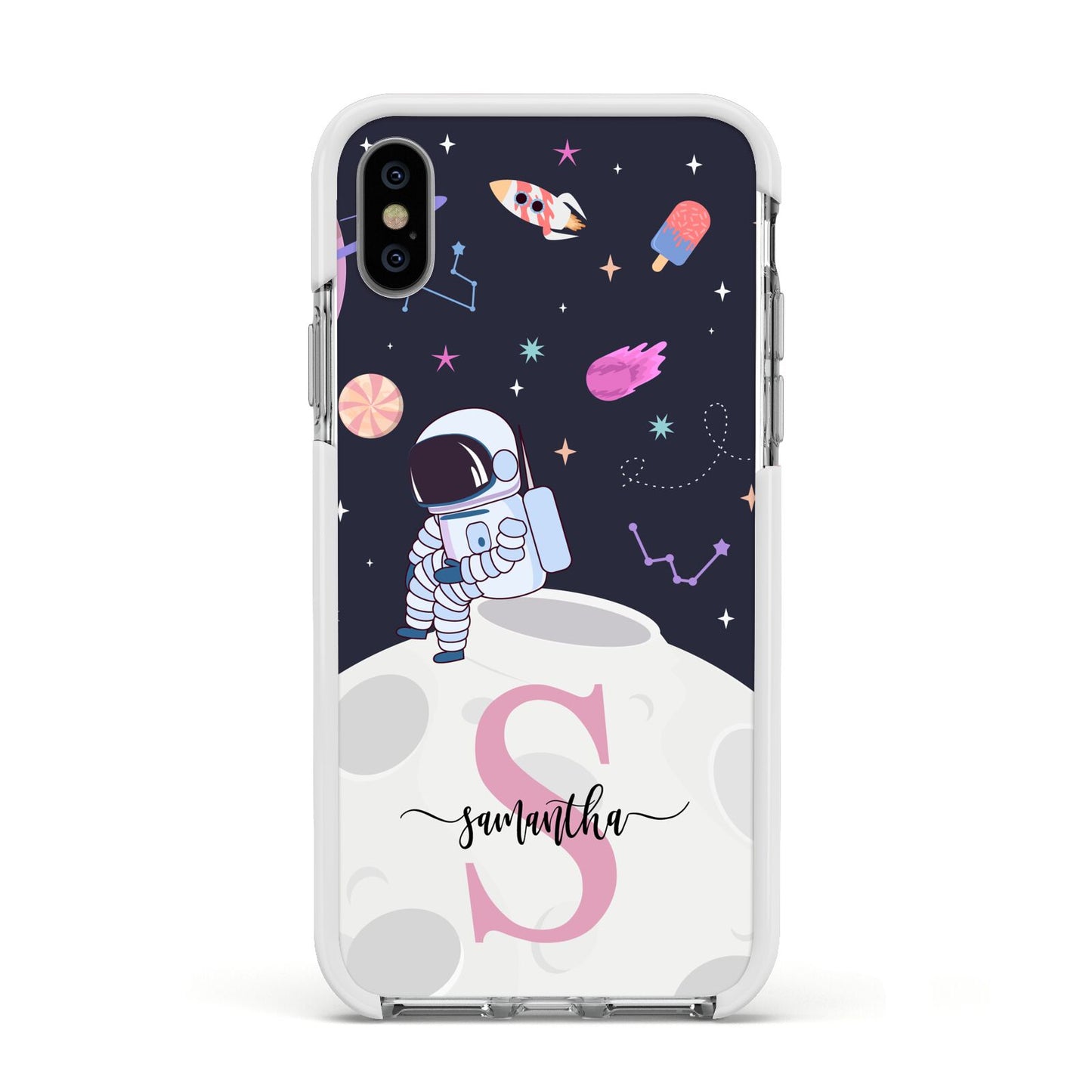 Astronaut in Candy Space with Name Apple iPhone Xs Impact Case White Edge on Silver Phone