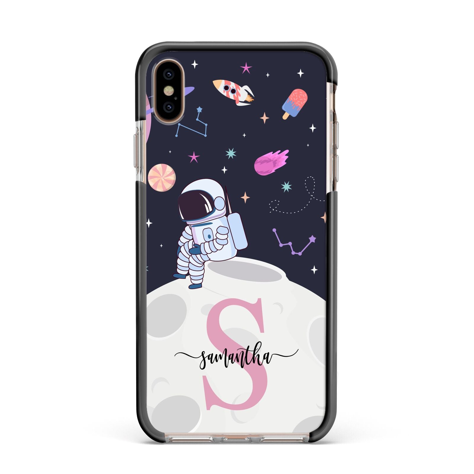 Astronaut in Candy Space with Name Apple iPhone Xs Max Impact Case Black Edge on Gold Phone