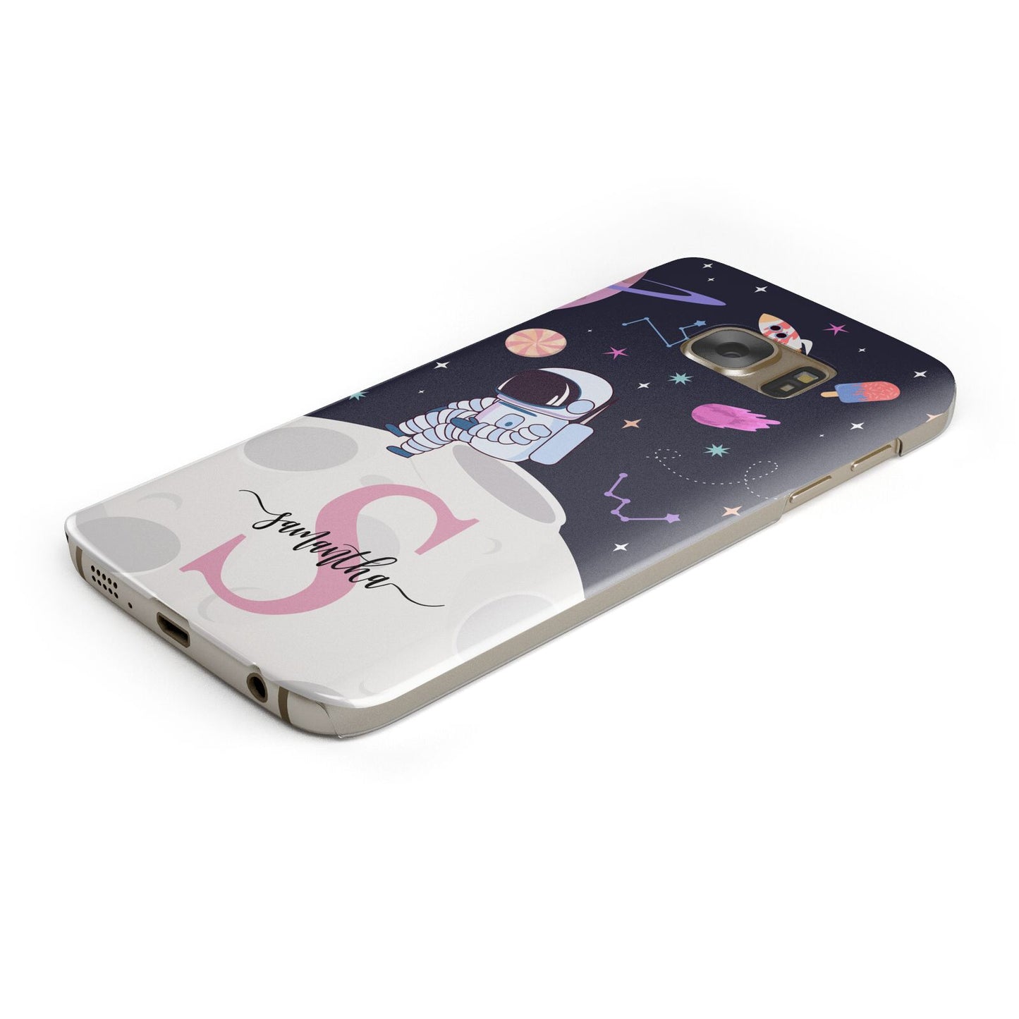 Astronaut in Candy Space with Name Protective Samsung Galaxy Case Angled Image