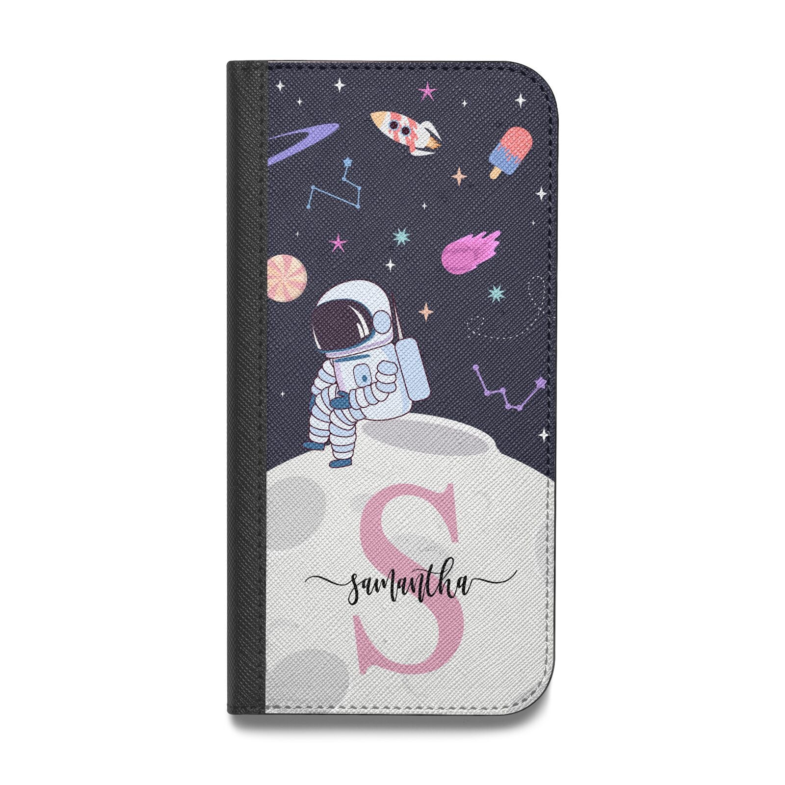 Astronaut in Candy Space with Name Vegan Leather Flip iPhone Case