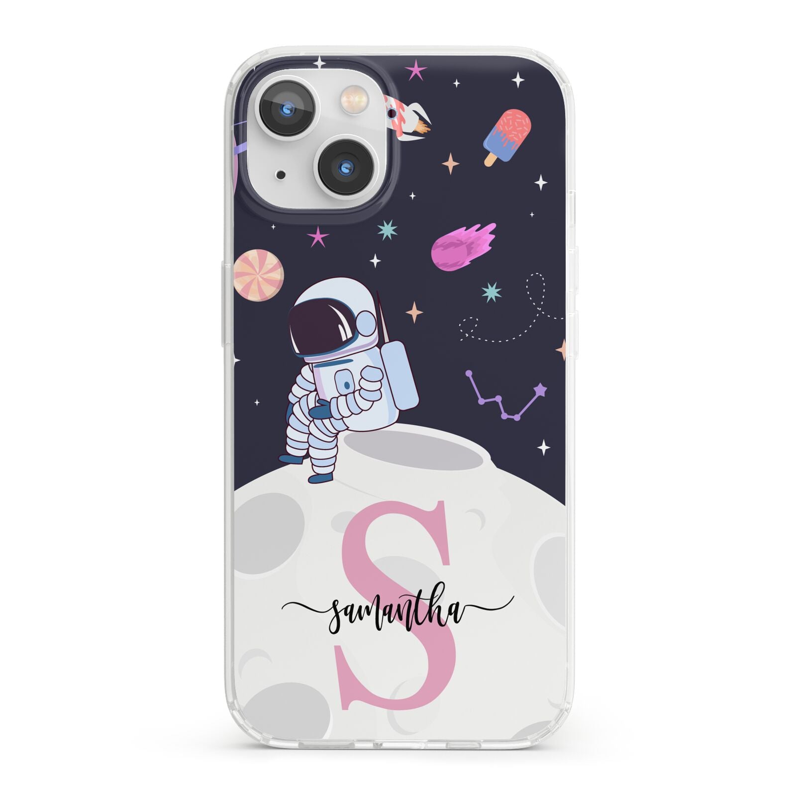 Astronaut in Candy Space with Name iPhone 13 Clear Bumper Case