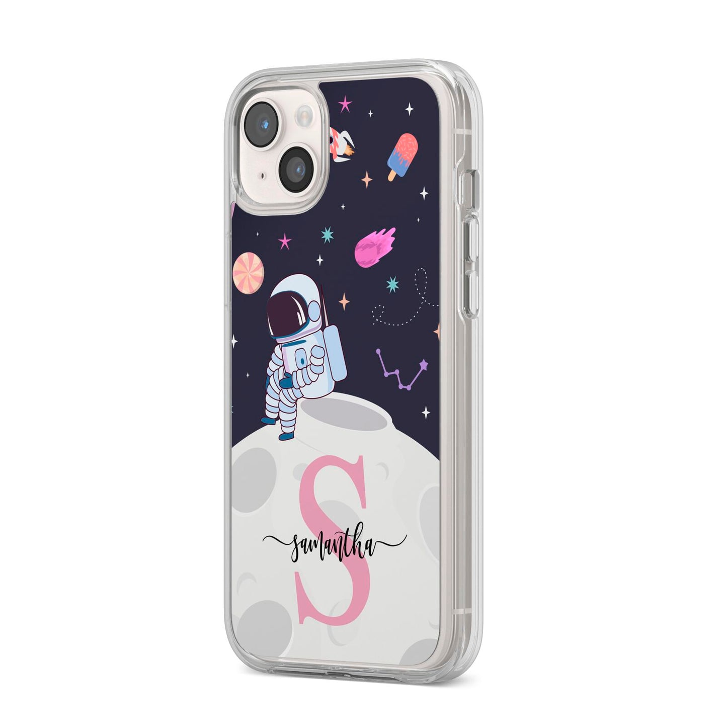 Astronaut in Candy Space with Name iPhone 14 Plus Clear Tough Case Starlight Angled Image