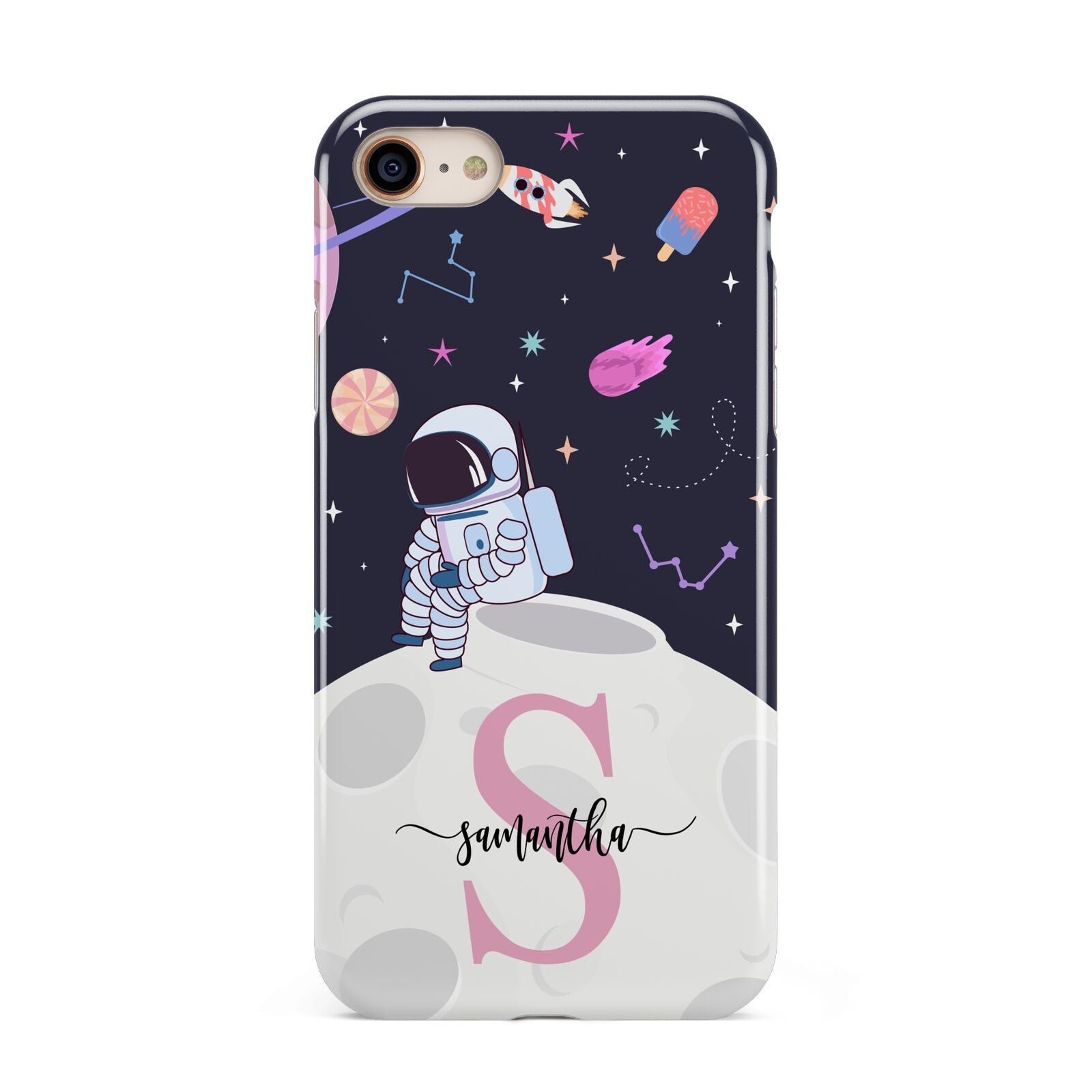 Astronaut in Candy Space with Name iPhone 8 3D Tough Case on Gold Phone