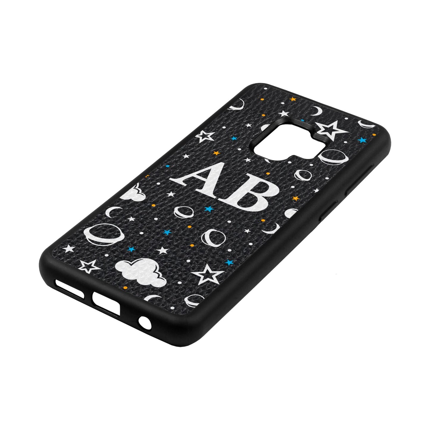 Astronomical Initials Black Pebble Leather Samsung S9 Case Side Angle