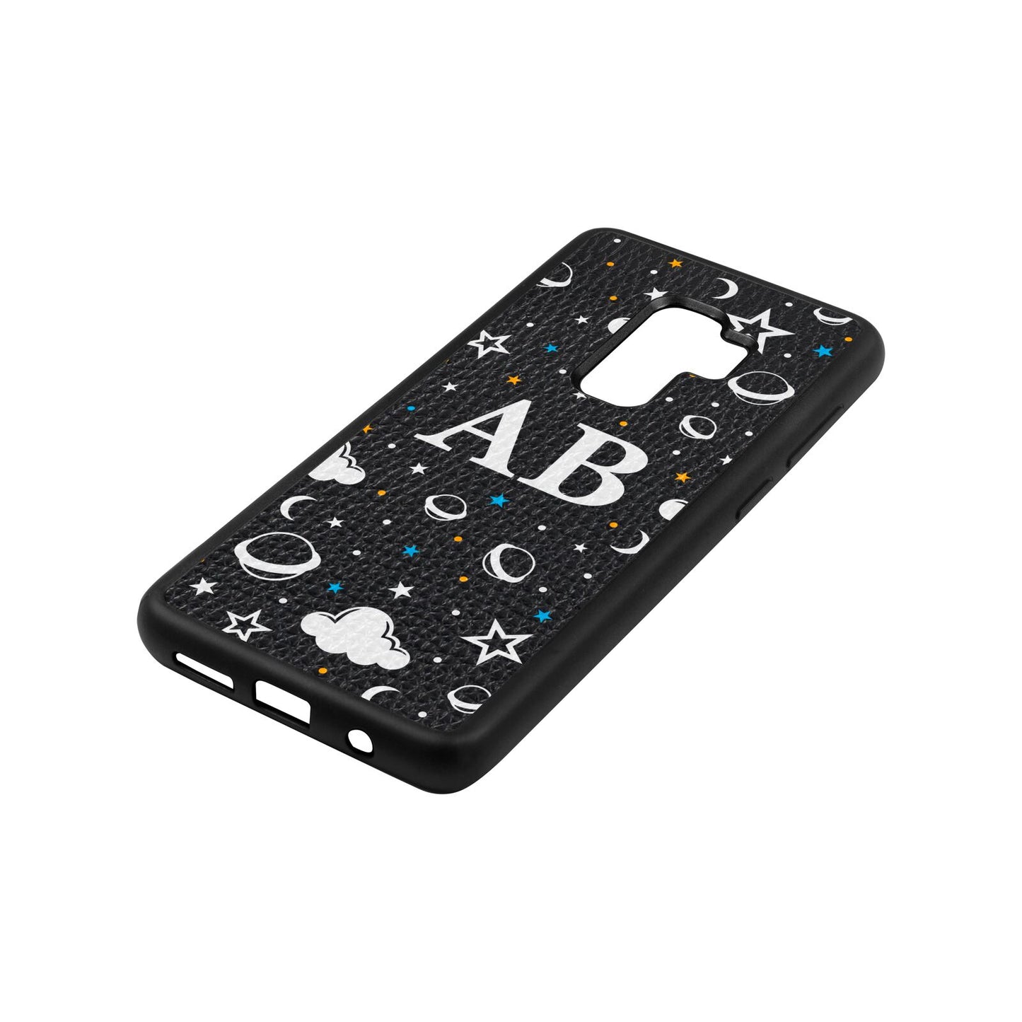 Astronomical Initials Black Pebble Leather Samsung S9 Plus Case Side Angle