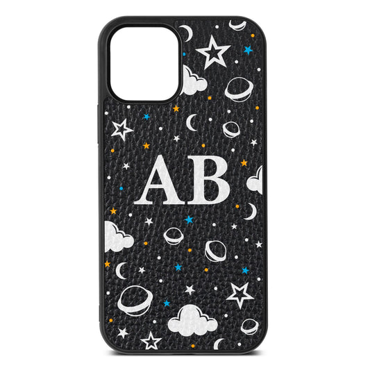 Astronomical Initials Black Pebble Leather iPhone 12 Case