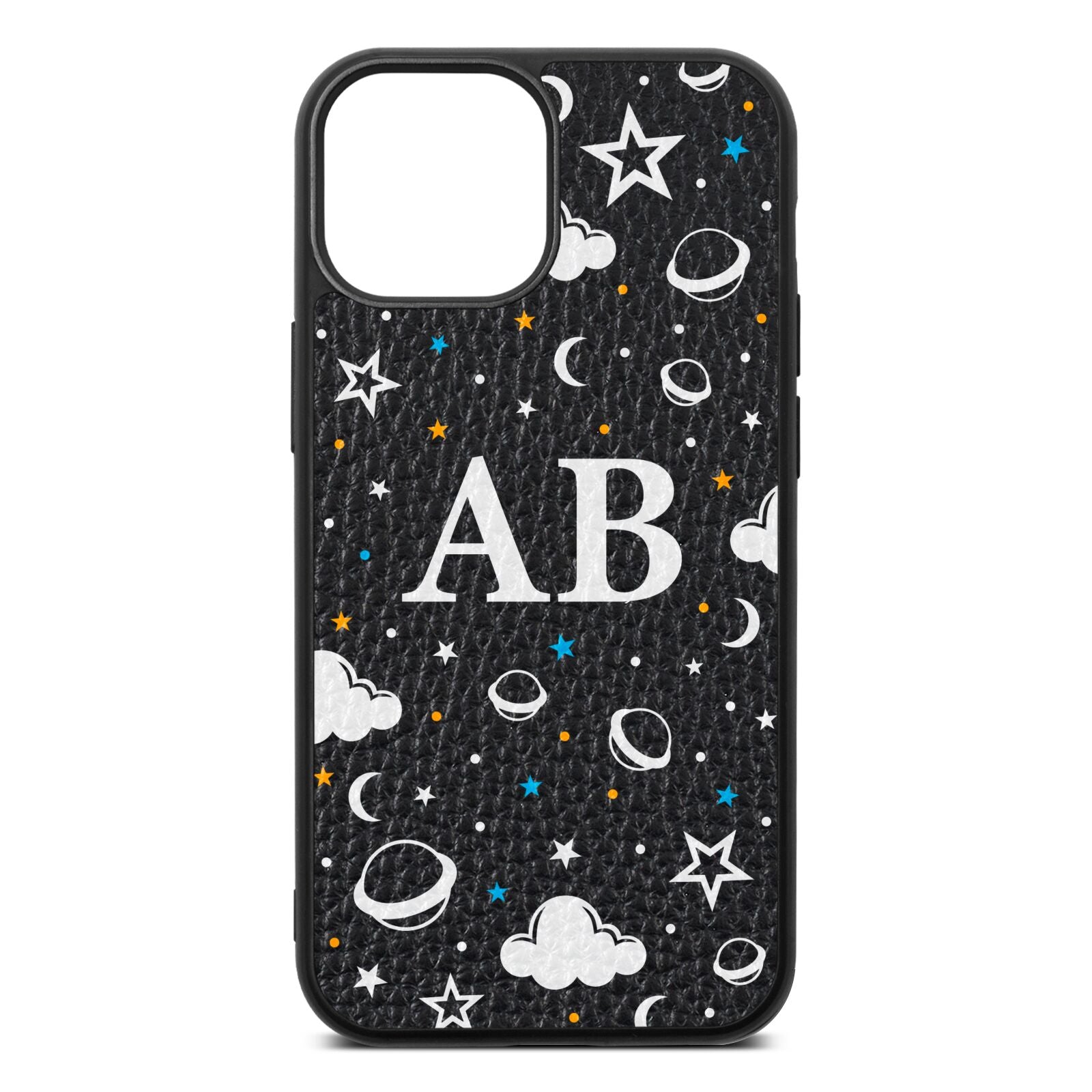 Astronomical Initials Black Pebble Leather iPhone 13 Mini Case