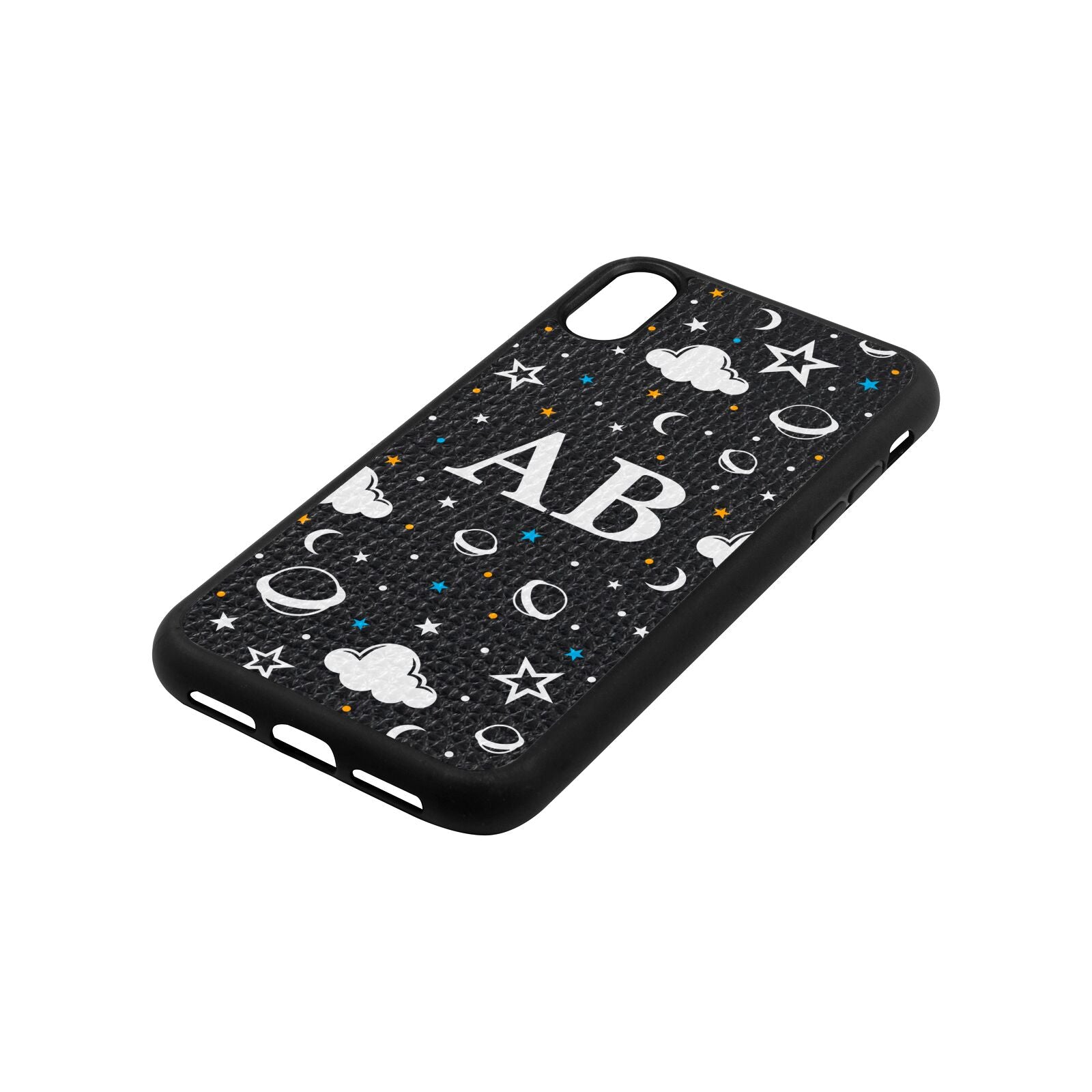 Astronomical Initials Black Pebble Leather iPhone Xr Case Side Angle