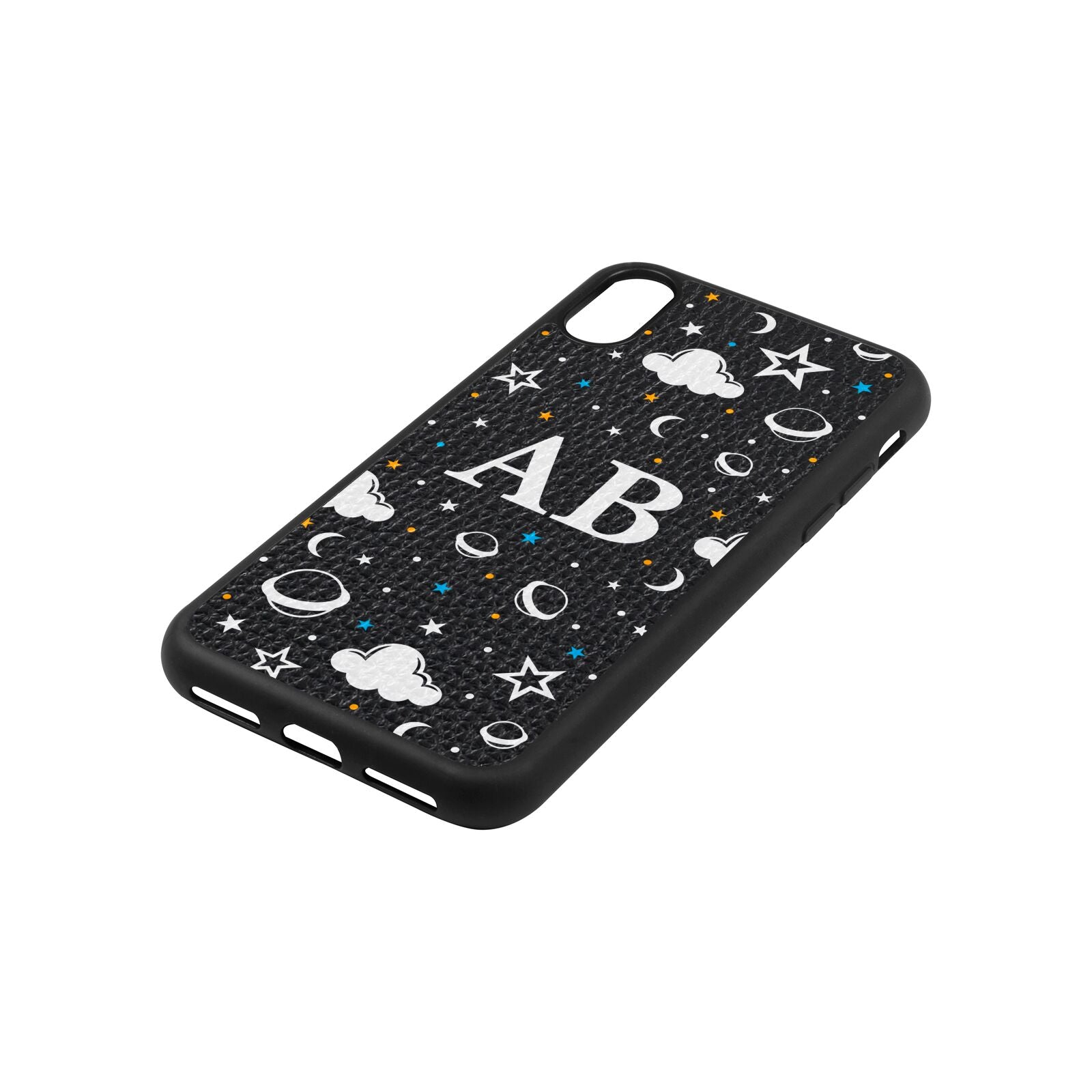 Astronomical Initials Black Pebble Leather iPhone Xs Case Side Angle