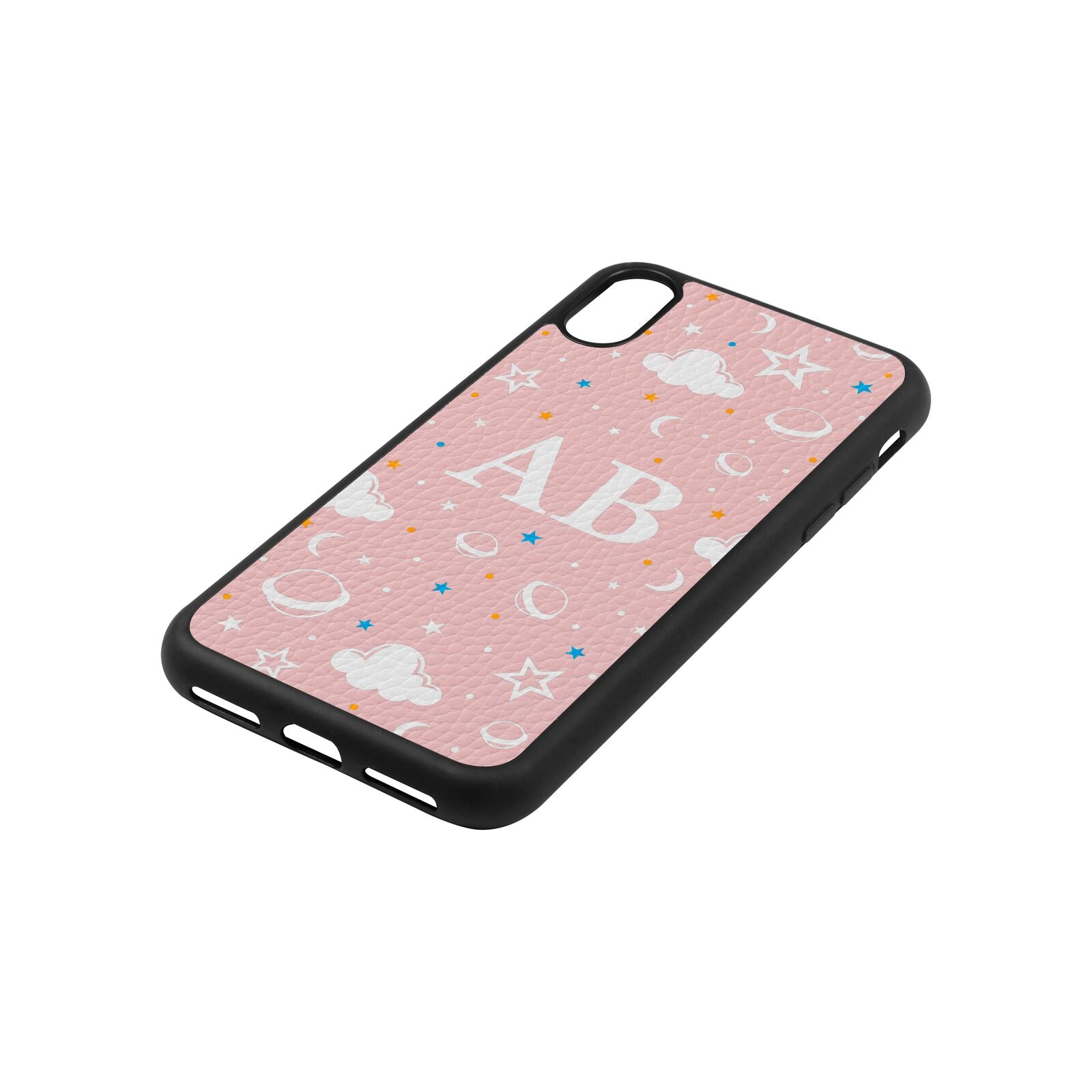 Astronomical Initials Pink Pebble Leather iPhone Xs Case Side Angle