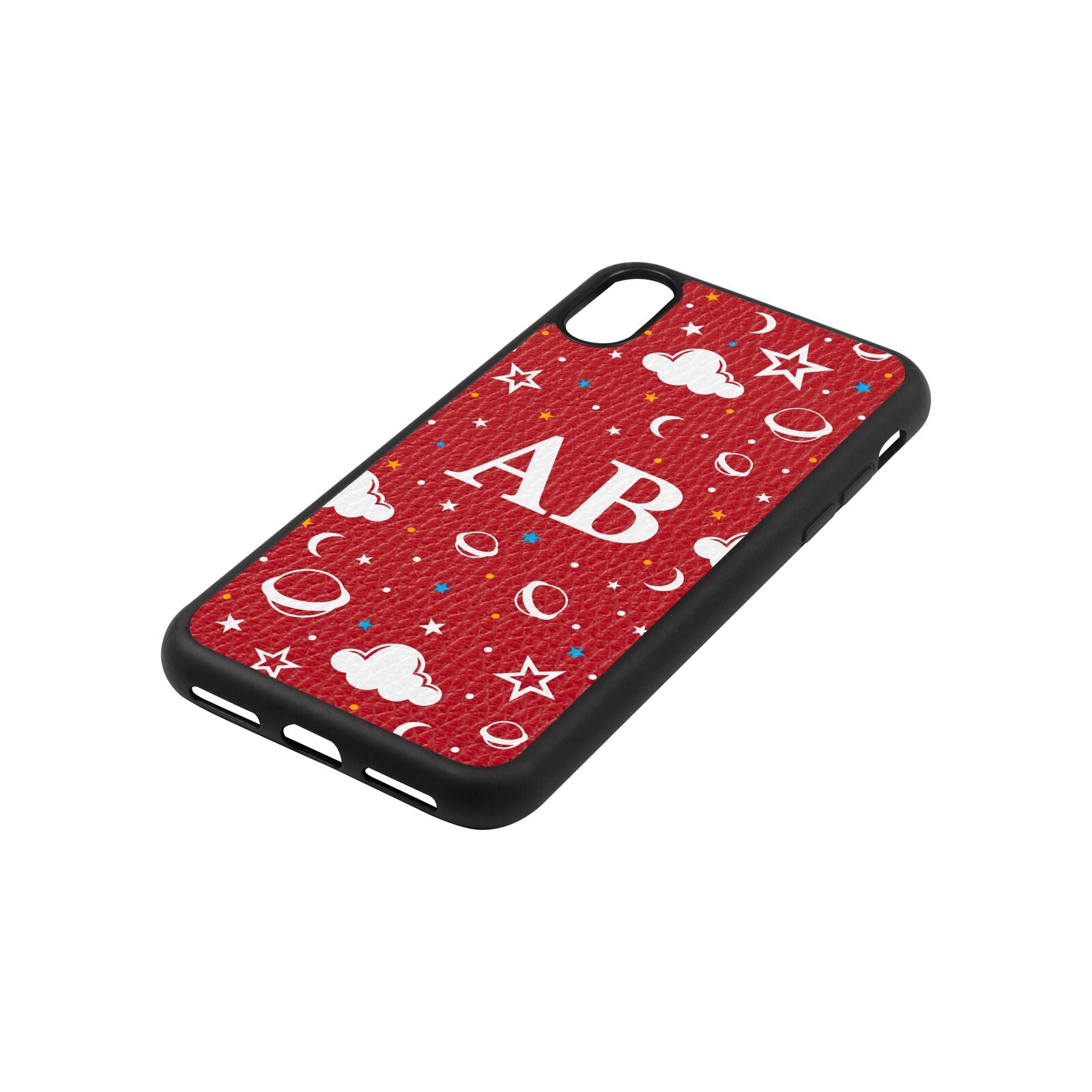 Astronomical Initials Red Pebble Leather iPhone Xs Case Side Angle