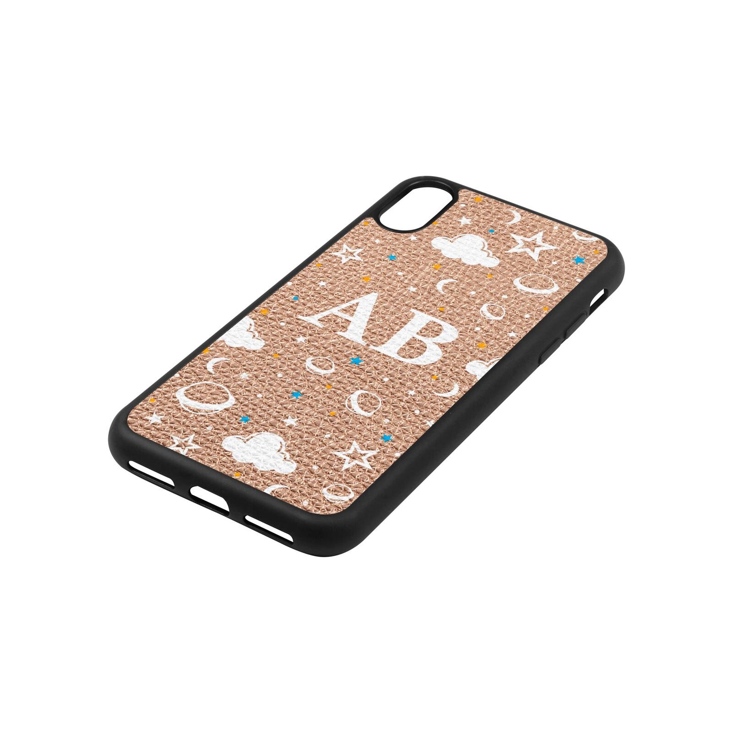 Astronomical Initials Rose Gold Pebble Leather iPhone Xs Case Side Angle