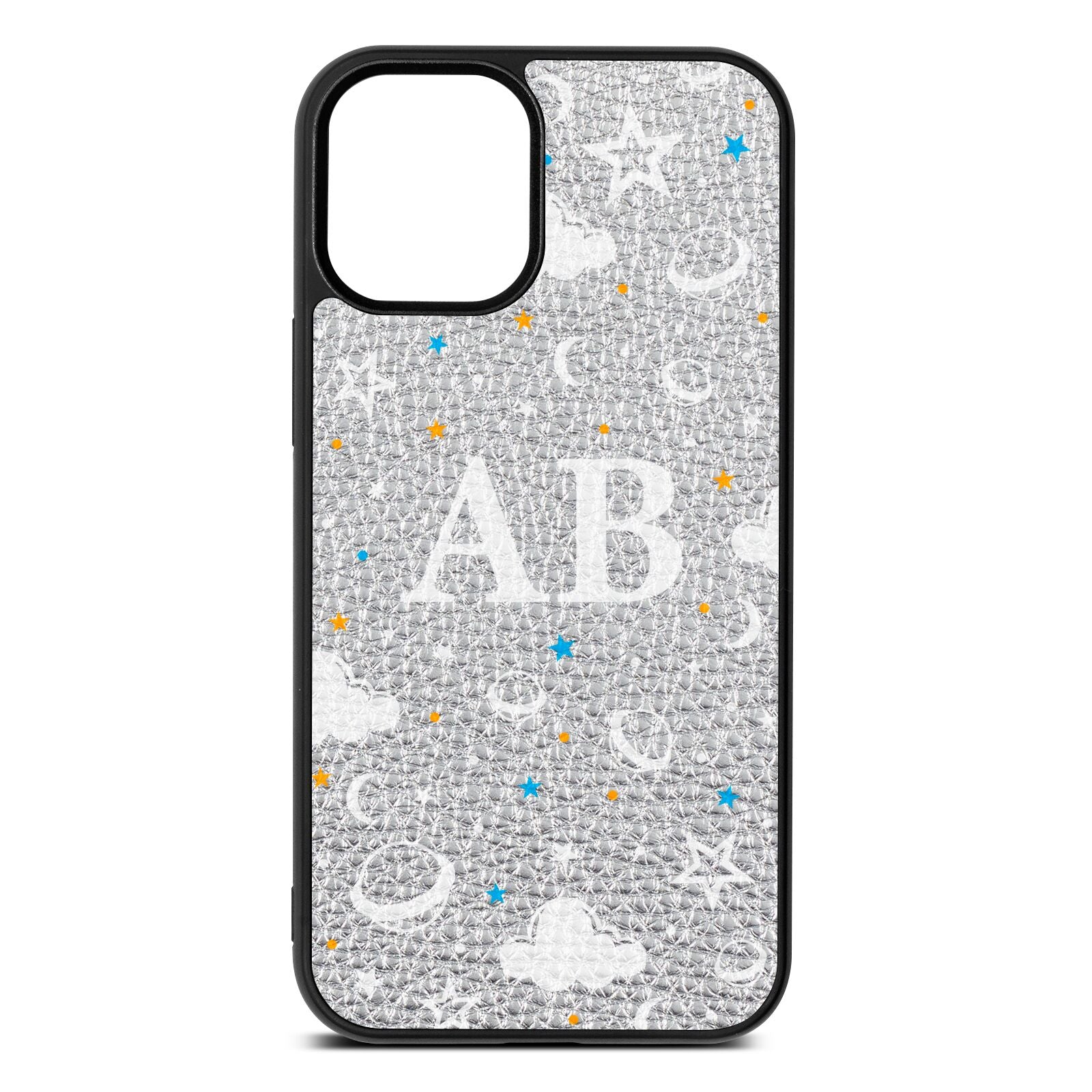 Astronomical Initials Silver Pebble Leather iPhone 12 Mini Case