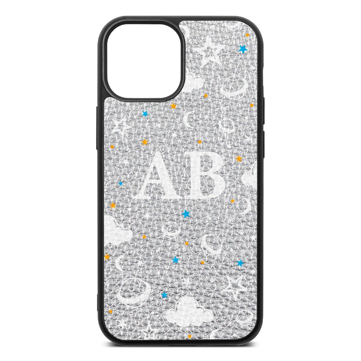 Astronomical Initials Silver Pebble Leather iPhone 13 Mini Case