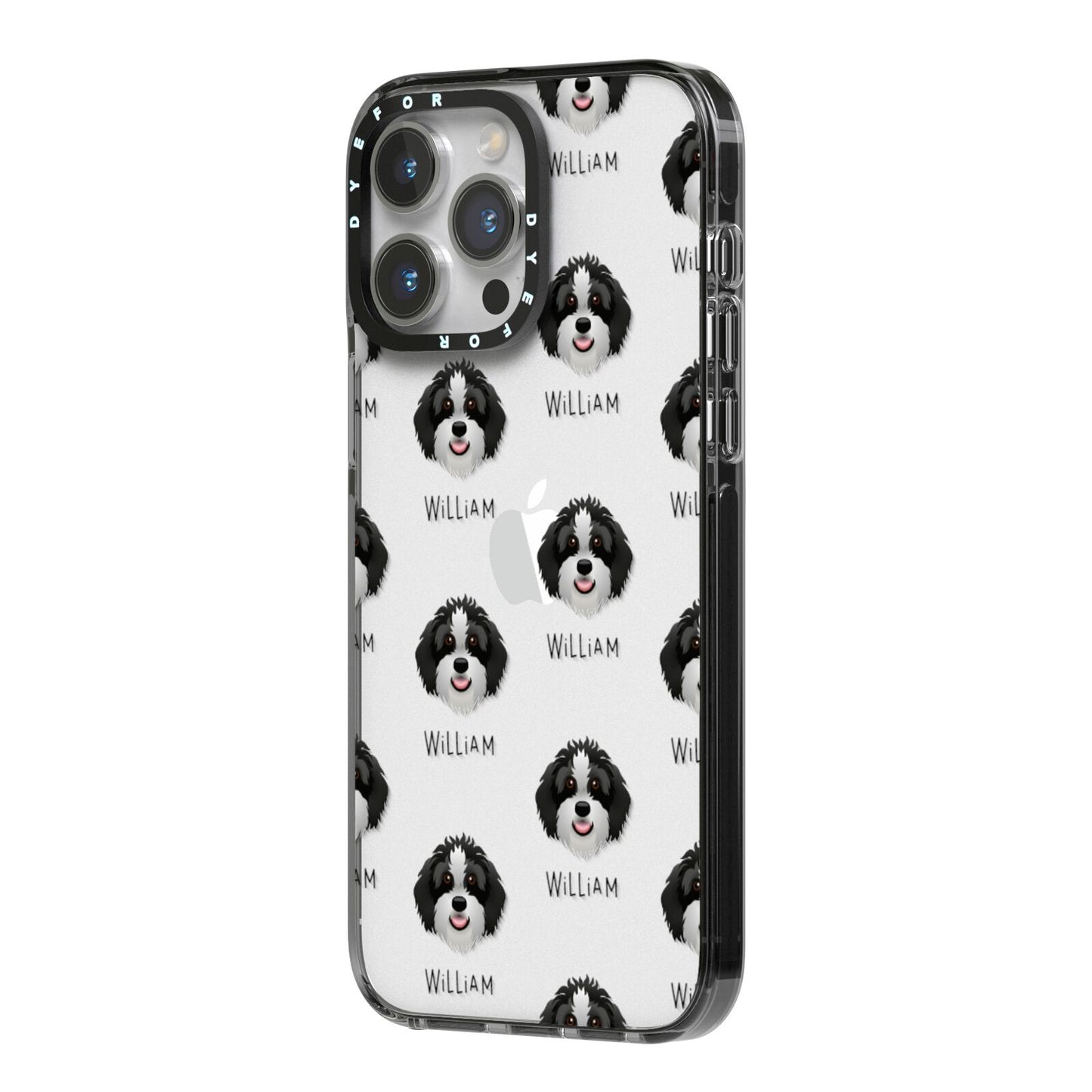 Aussiedoodle Icon with Name iPhone 14 Pro Max Black Impact Case Side Angle on Silver phone