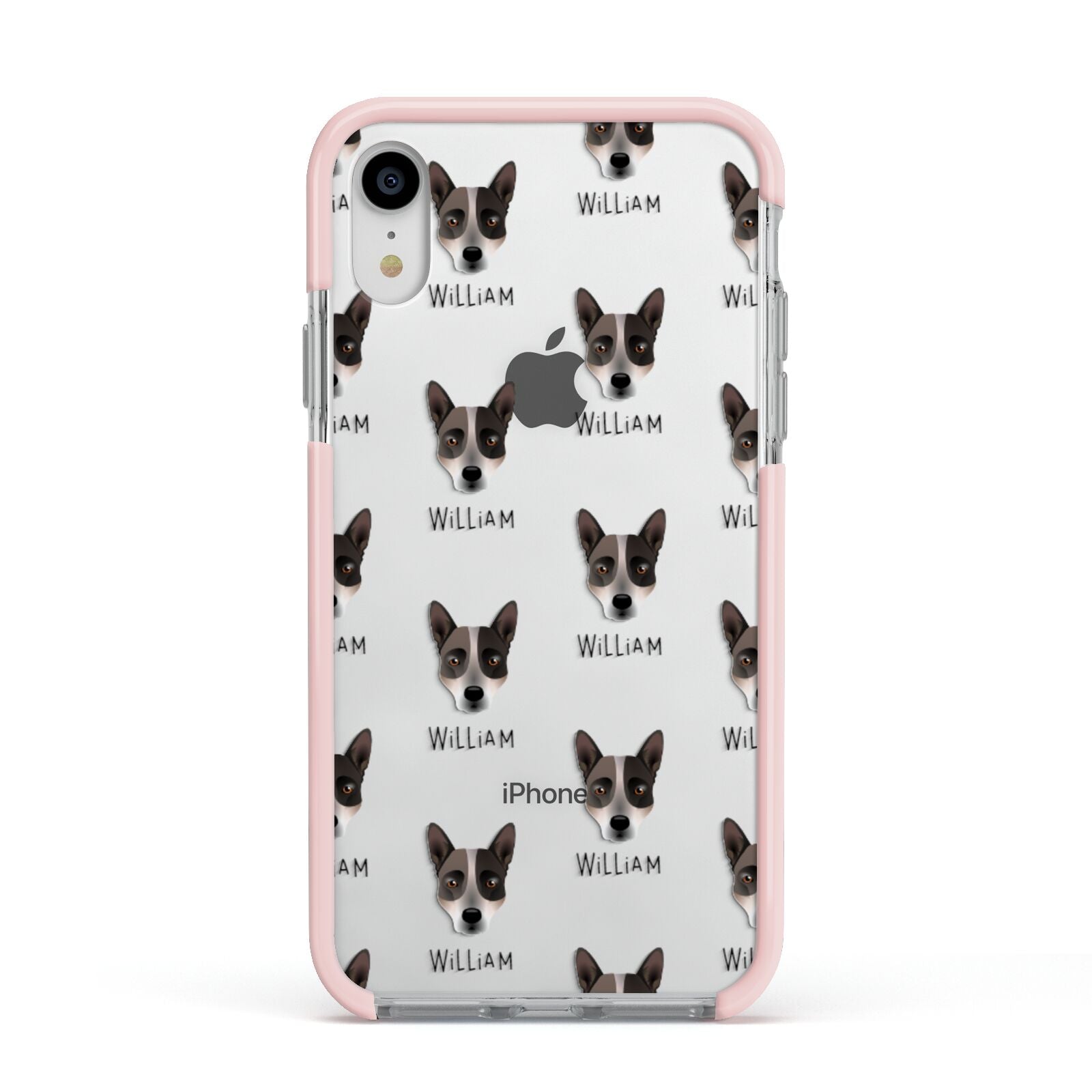 Australian Cattle Dog Icon with Name Apple iPhone XR Impact Case Pink Edge on Silver Phone