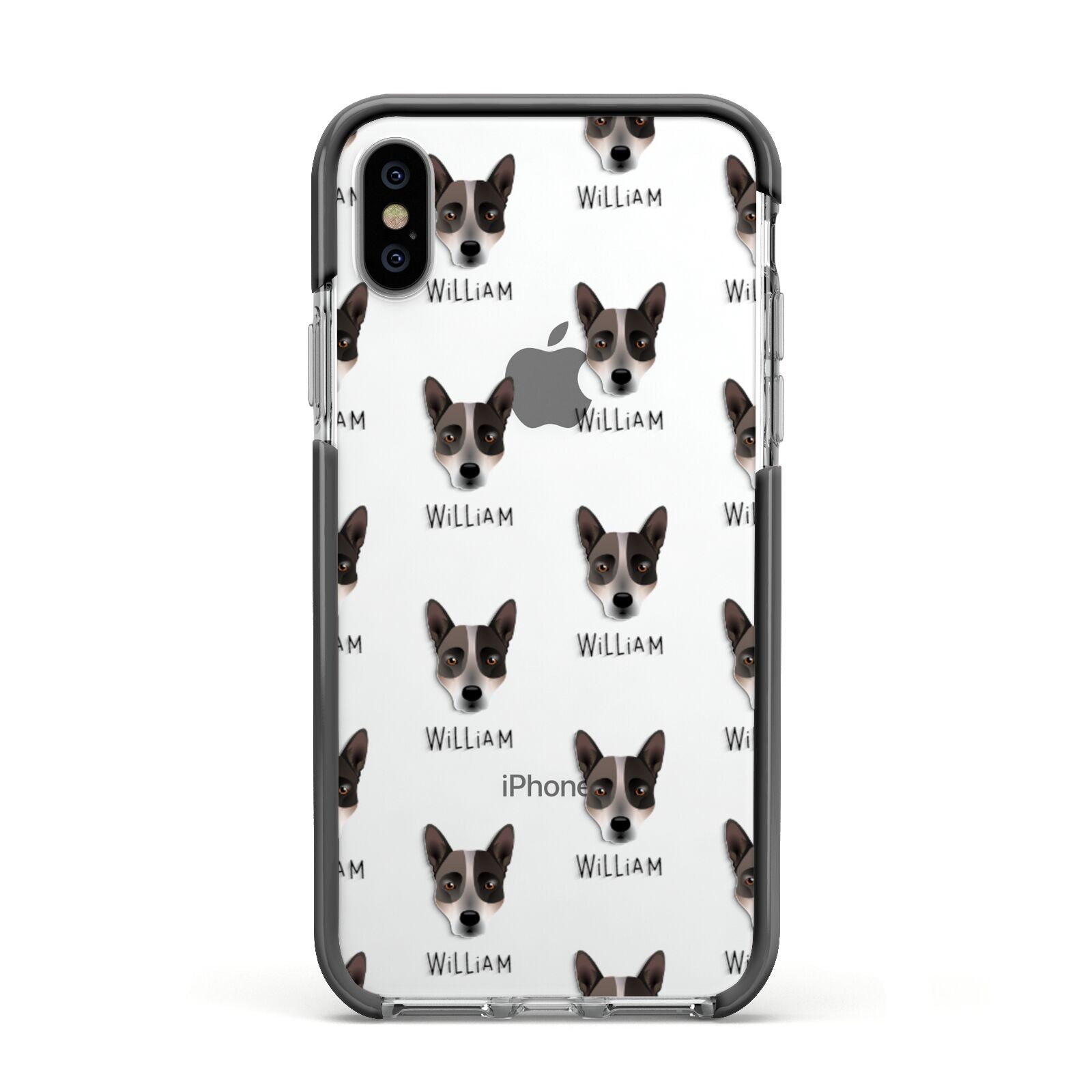 Australian Cattle Dog Icon with Name Apple iPhone Xs Impact Case Black Edge on Silver Phone