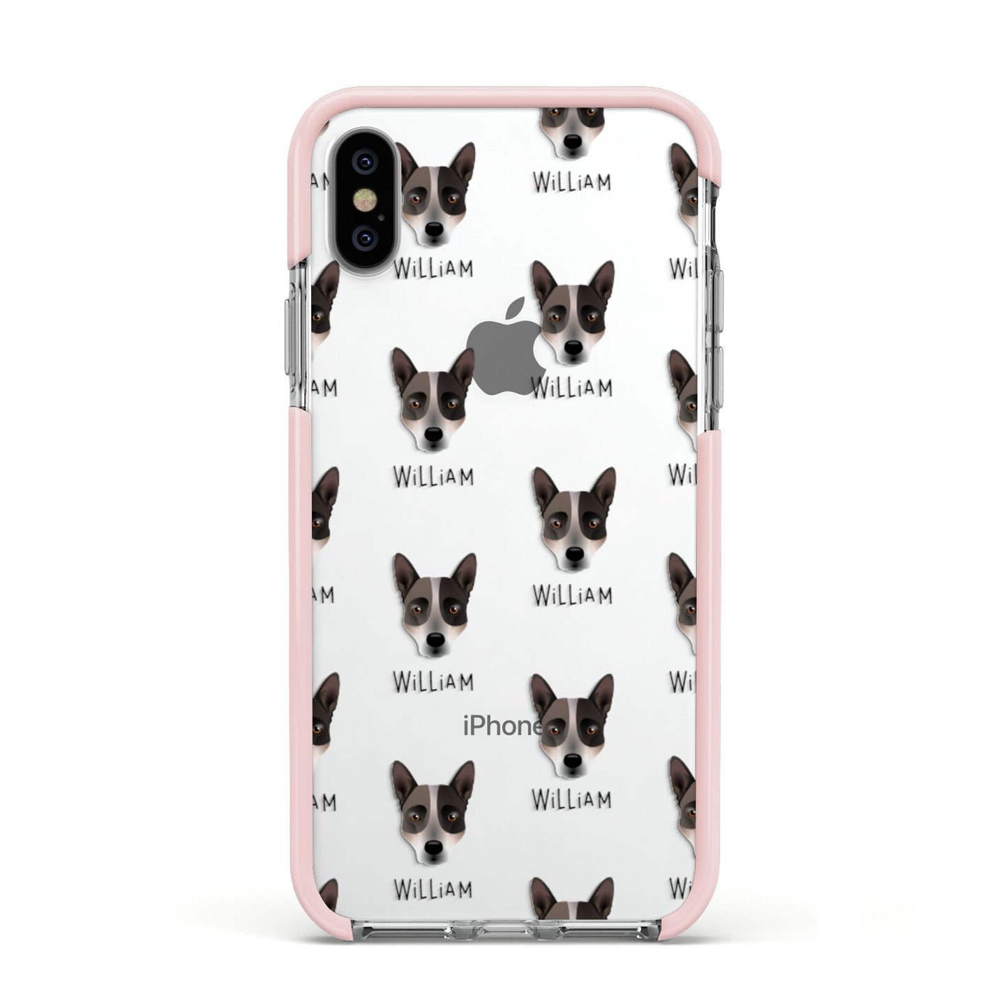 Australian Cattle Dog Icon with Name Apple iPhone Xs Impact Case Pink Edge on Silver Phone