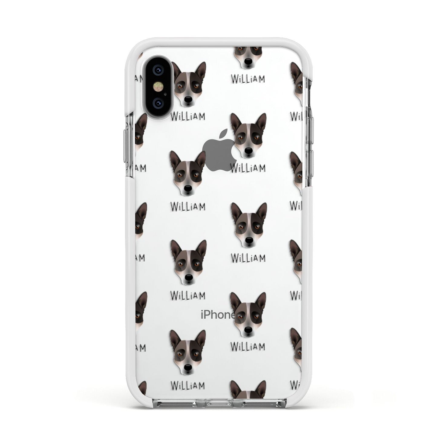 Australian Cattle Dog Icon with Name Apple iPhone Xs Impact Case White Edge on Silver Phone