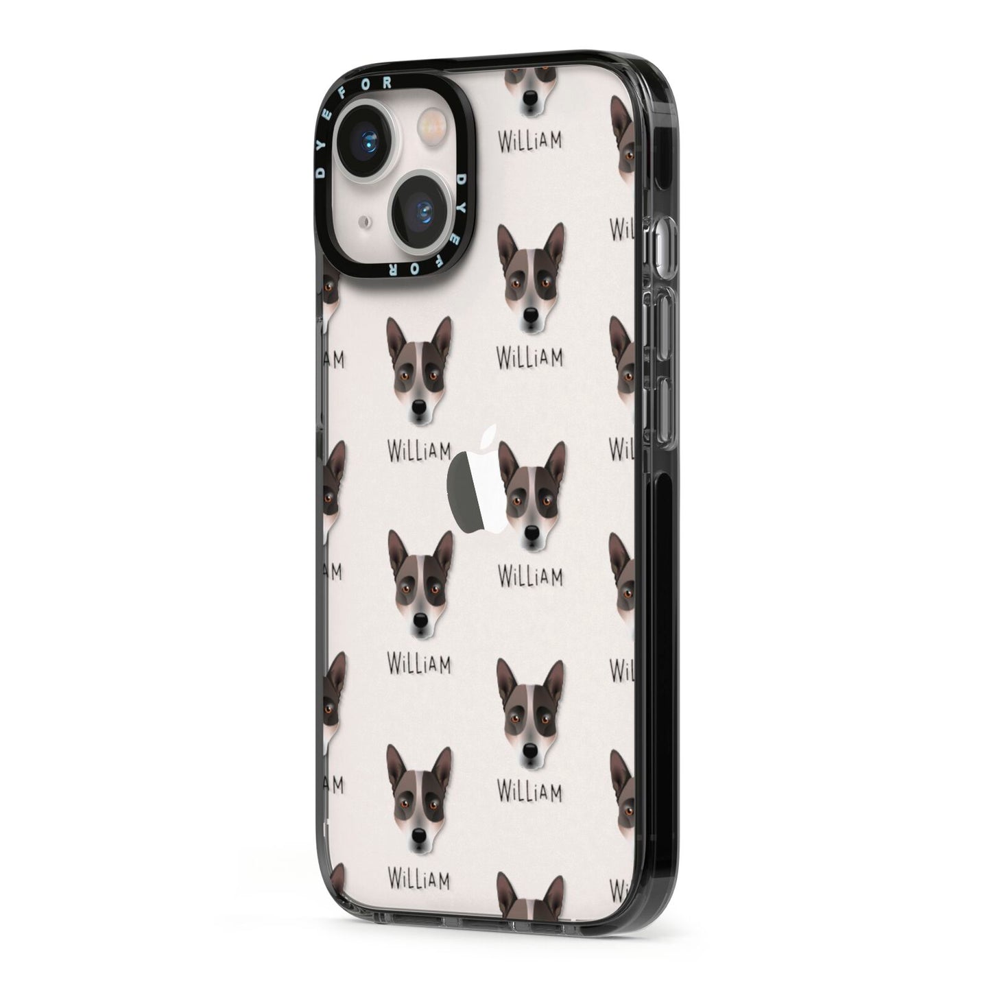 Australian Cattle Dog Icon with Name iPhone 13 Black Impact Case Side Angle on Silver phone