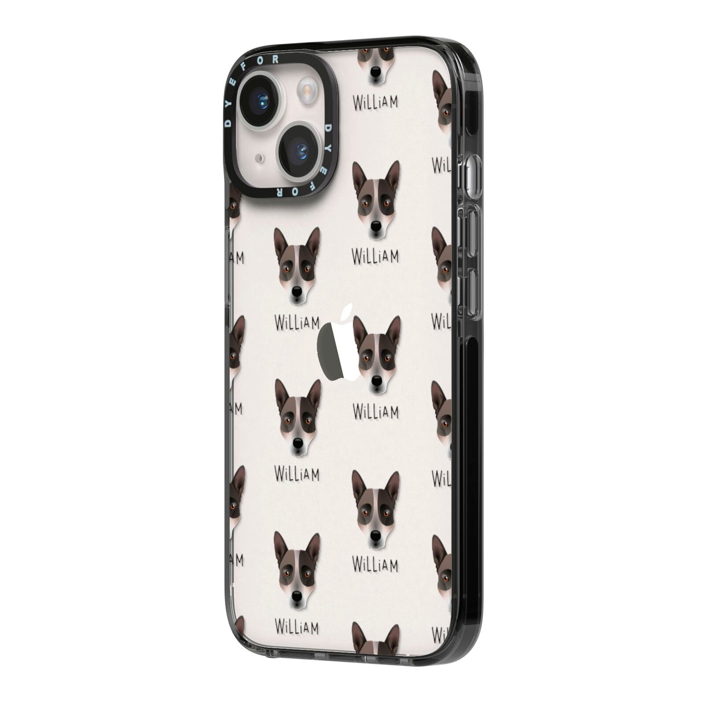 Australian Cattle Dog Icon with Name iPhone 14 Black Impact Case Side Angle on Silver phone