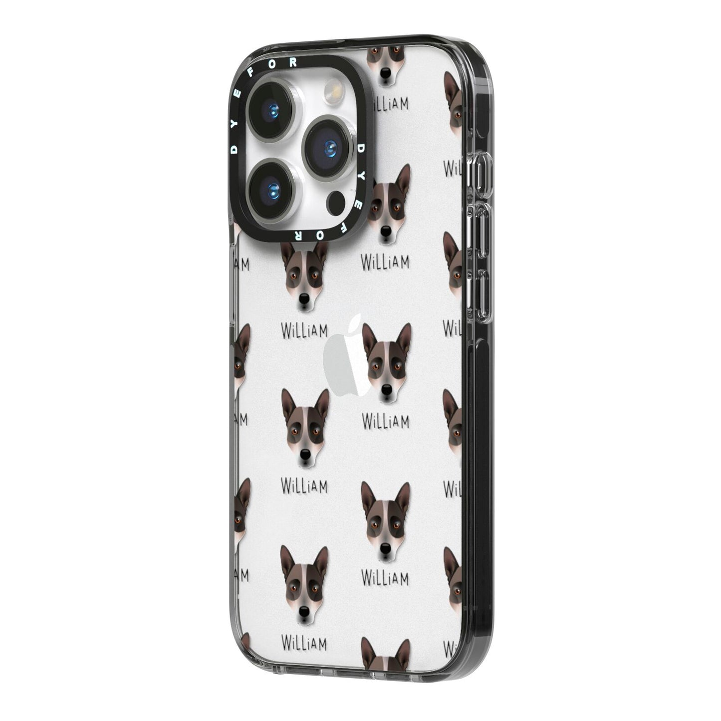 Australian Cattle Dog Icon with Name iPhone 14 Pro Black Impact Case Side Angle on Silver phone