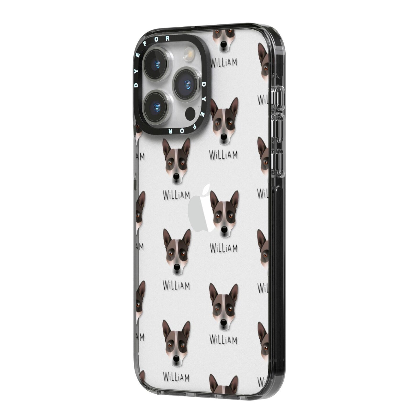 Australian Cattle Dog Icon with Name iPhone 14 Pro Max Black Impact Case Side Angle on Silver phone