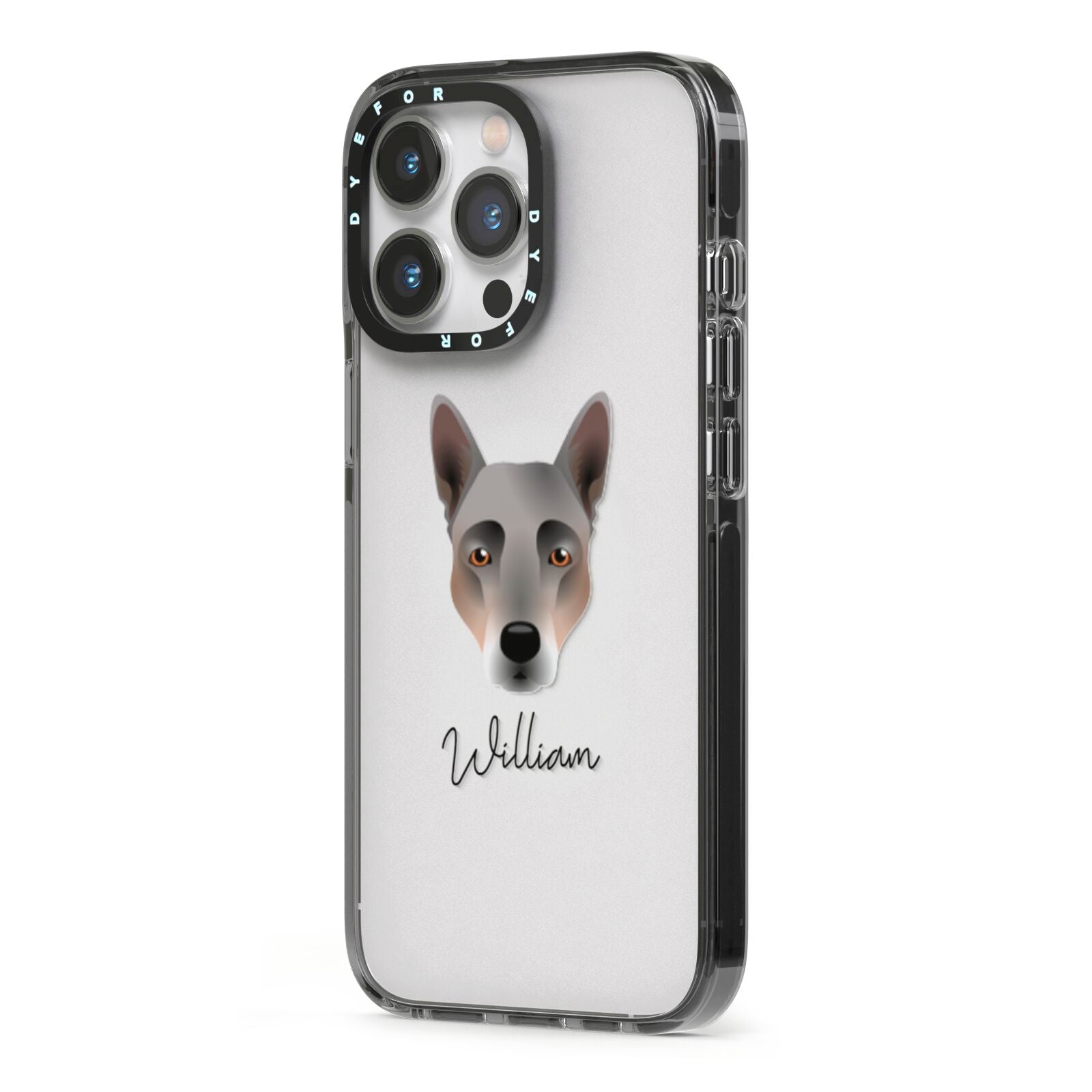Australian Cattle Dog Personalised iPhone 13 Pro Black Impact Case Side Angle on Silver phone