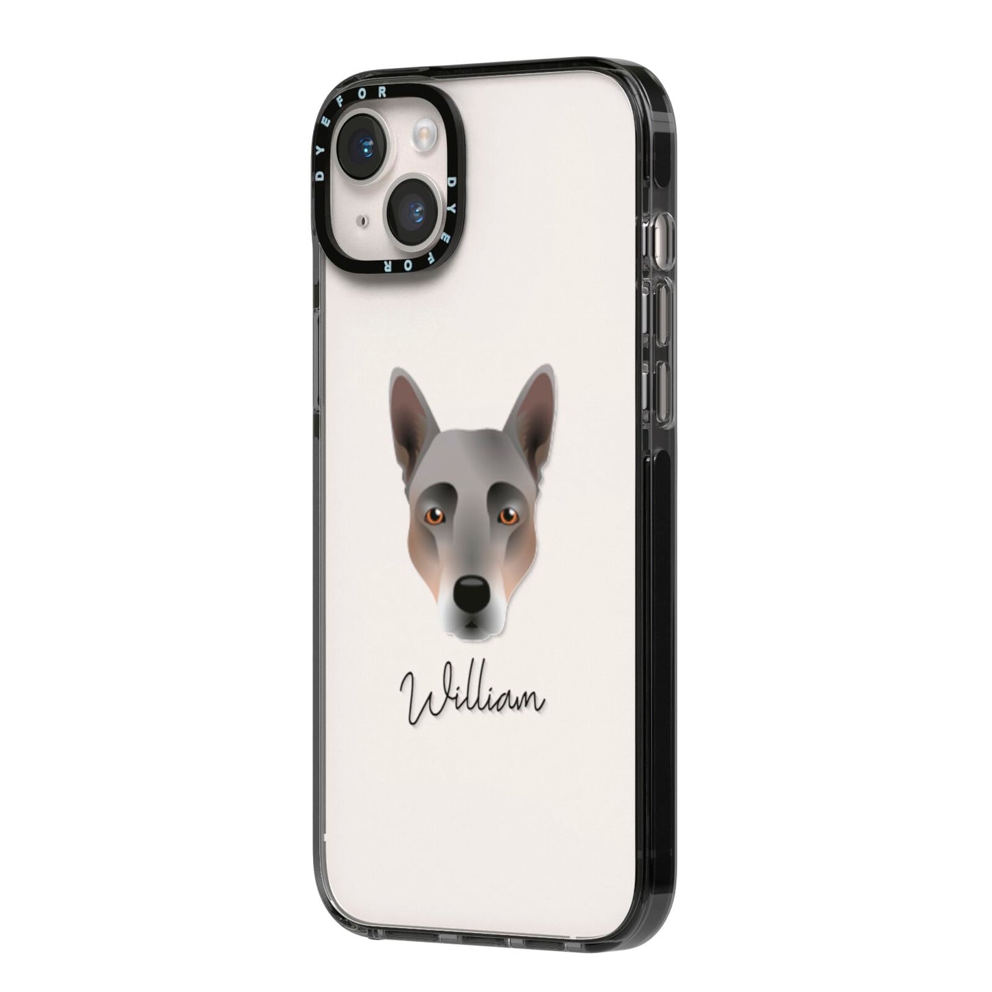 Australian Cattle Dog Personalised iPhone 14 Plus Black Impact Case Side Angle on Silver phone
