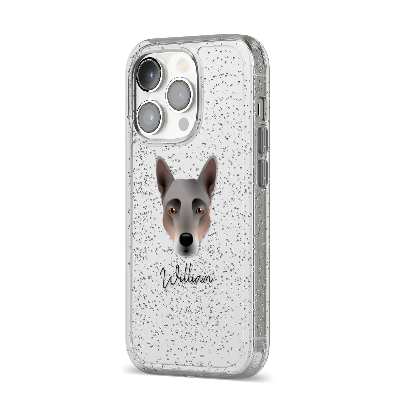 Australian Cattle Dog Personalised iPhone 14 Pro Glitter Tough Case Silver Angled Image