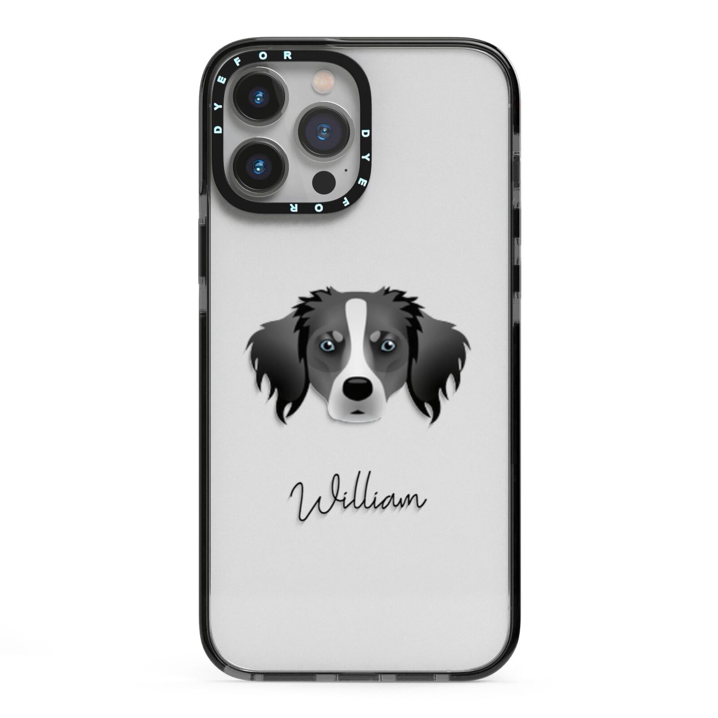 Australian Shepherd Personalised iPhone 13 Pro Max Black Impact Case on Silver phone