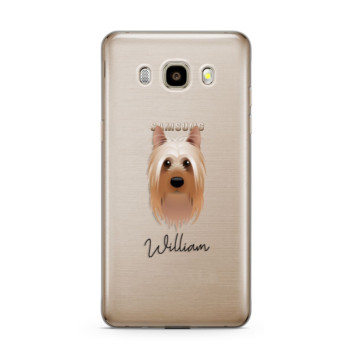 Australian Silky Terrier Personalised Samsung Galaxy J7 2016 Case on gold phone