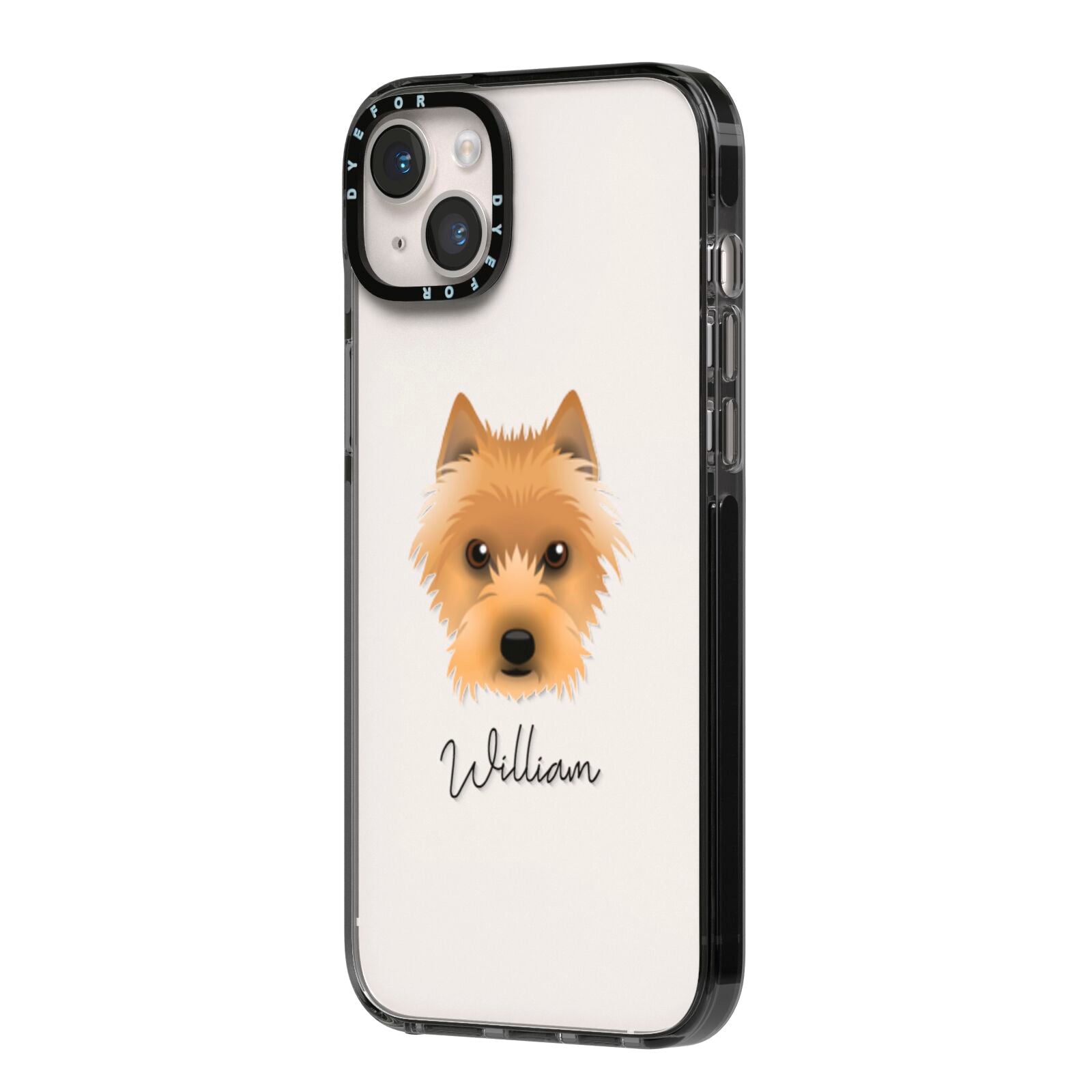 Australian Terrier Personalised iPhone 14 Plus Black Impact Case Side Angle on Silver phone