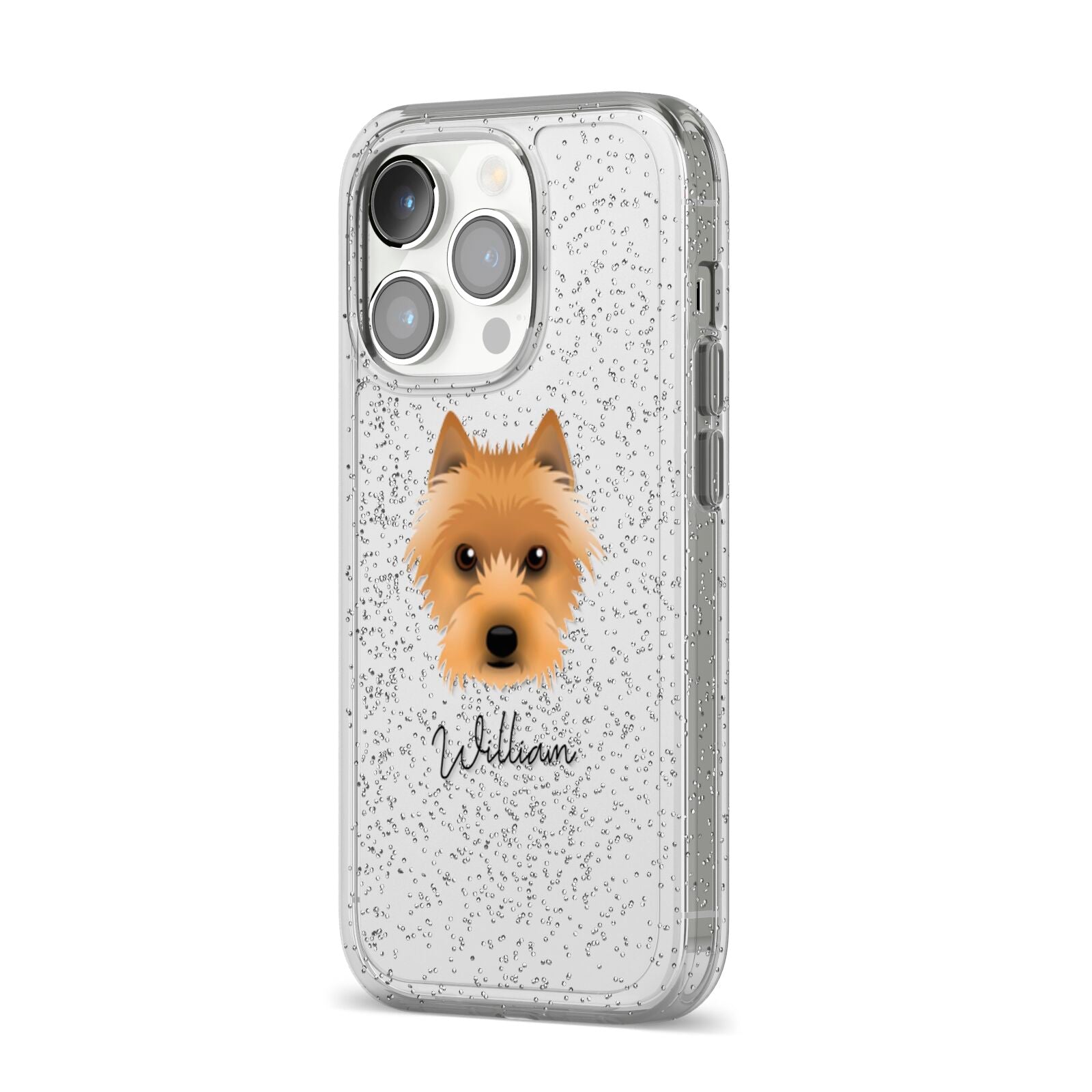 Australian Terrier Personalised iPhone 14 Pro Glitter Tough Case Silver Angled Image