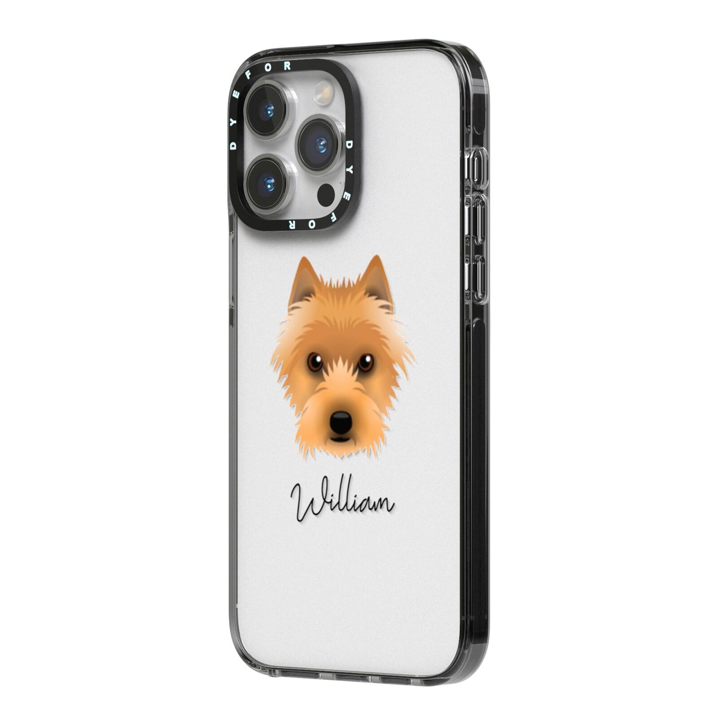 Australian Terrier Personalised iPhone 14 Pro Max Black Impact Case Side Angle on Silver phone