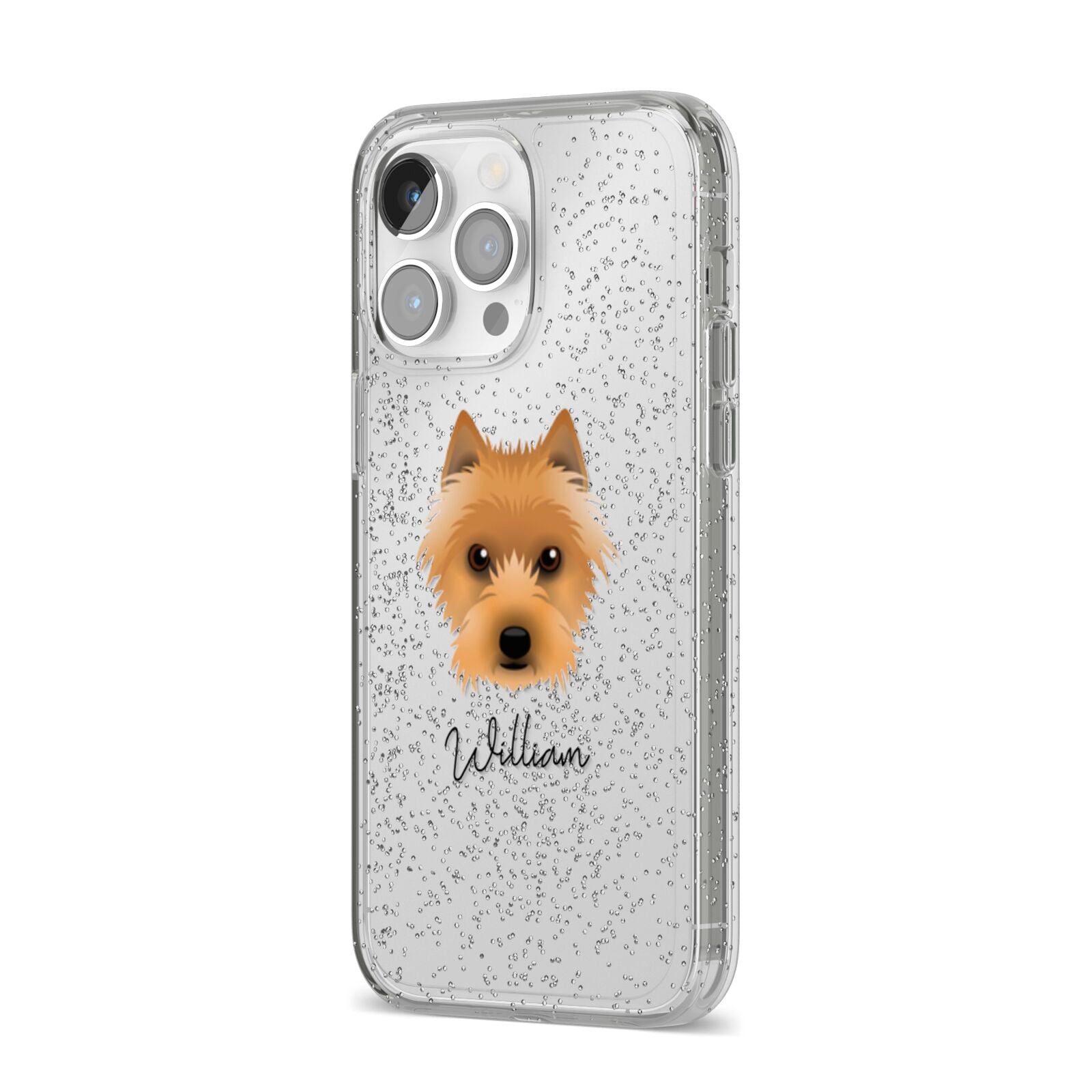 Australian Terrier Personalised iPhone 14 Pro Max Glitter Tough Case Silver Angled Image