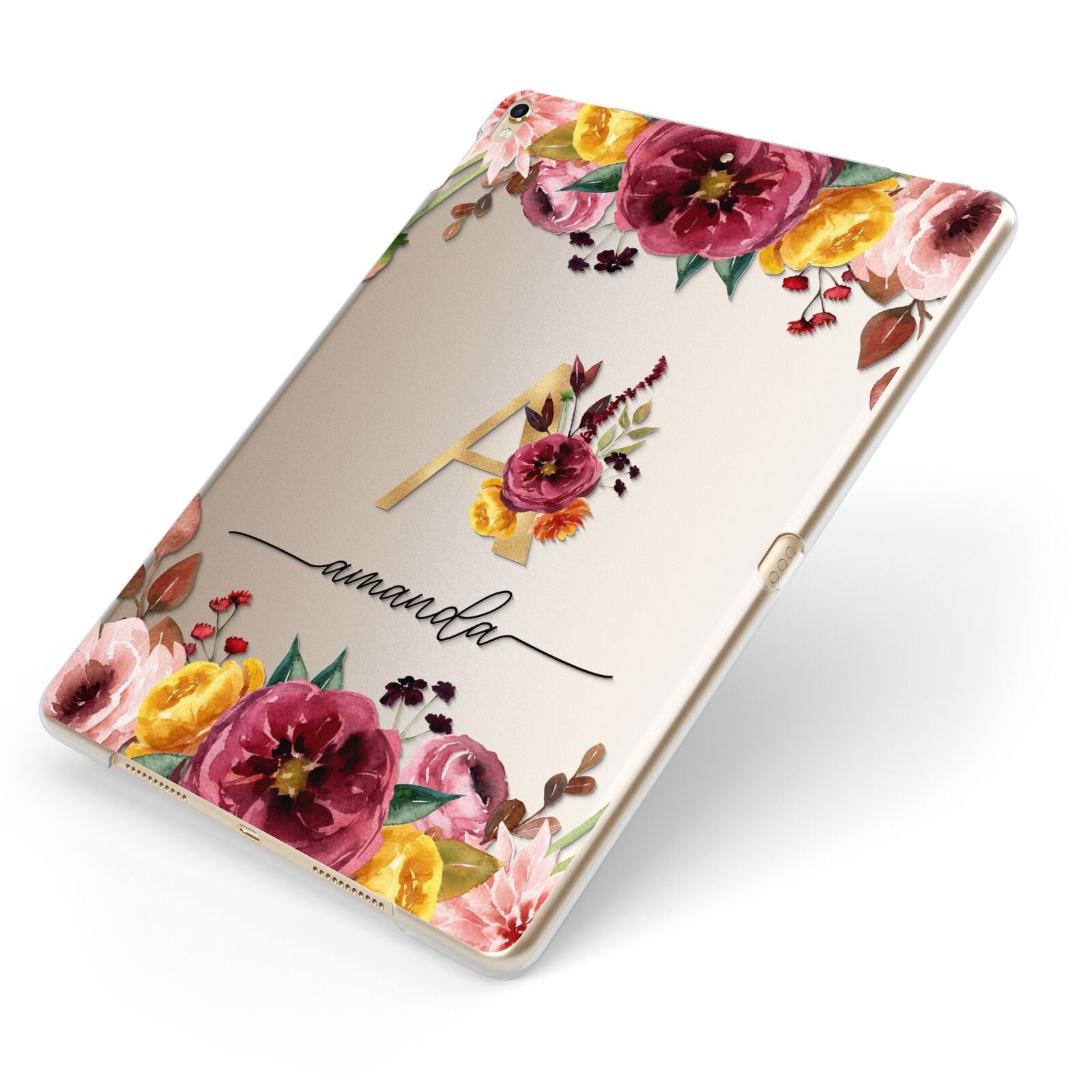 Autumn Watercolour Flowers with Initial Apple iPad Case on Gold iPad Side View